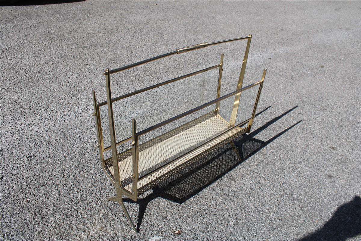 Magazine Rack in Solid Brass and Perforated Metal Italy Design 1950s Midcentury In Good Condition For Sale In Palermo, Sicily