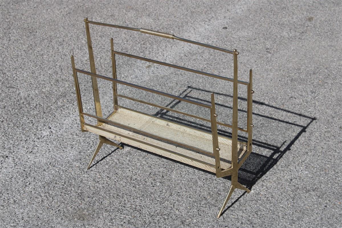 Mid-20th Century Magazine Rack in Solid Brass and Perforated Metal Italy Design 1950s Midcentury For Sale