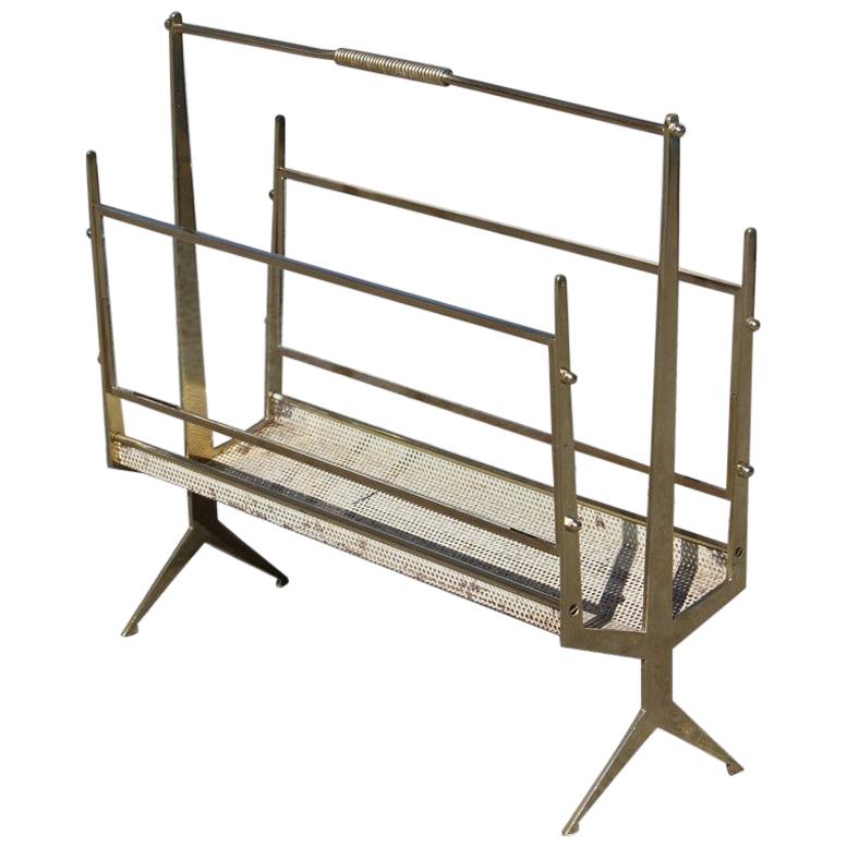 Magazine Rack in Solid Brass and Perforated Metal Italy Design 1950s Midcentury For Sale