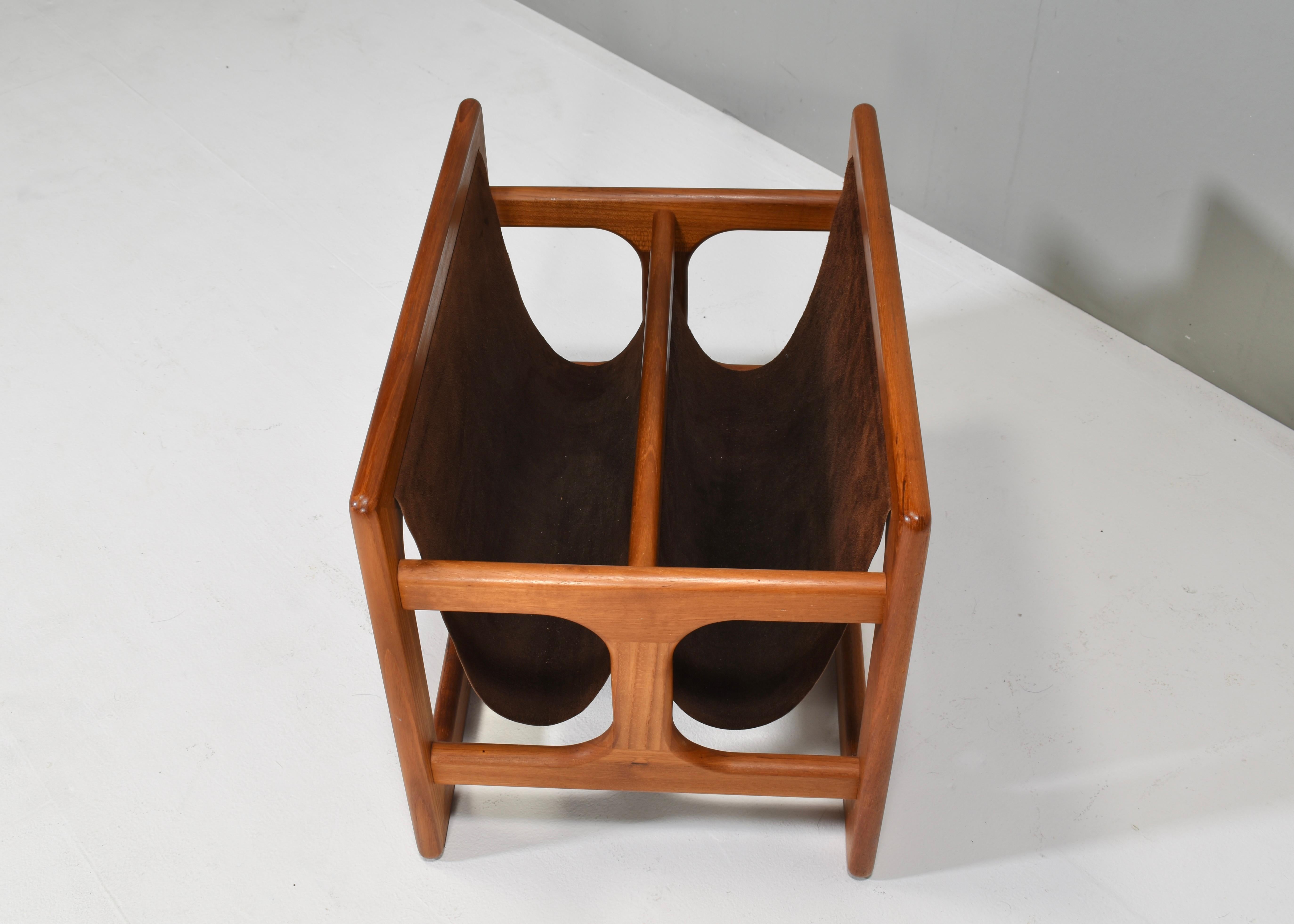 Scandinavian Modern Magazine Rack in Teak and Leather by Salin Møbler, Denmark – 1960’s