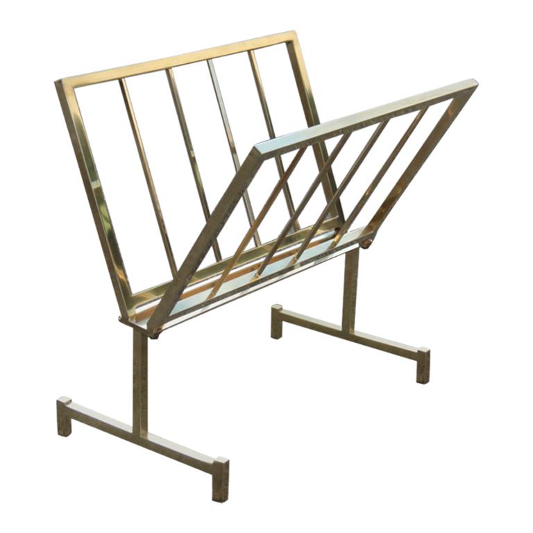 Magazine Rack Italian Design Geometric Brass Form, 1970 Gold Color