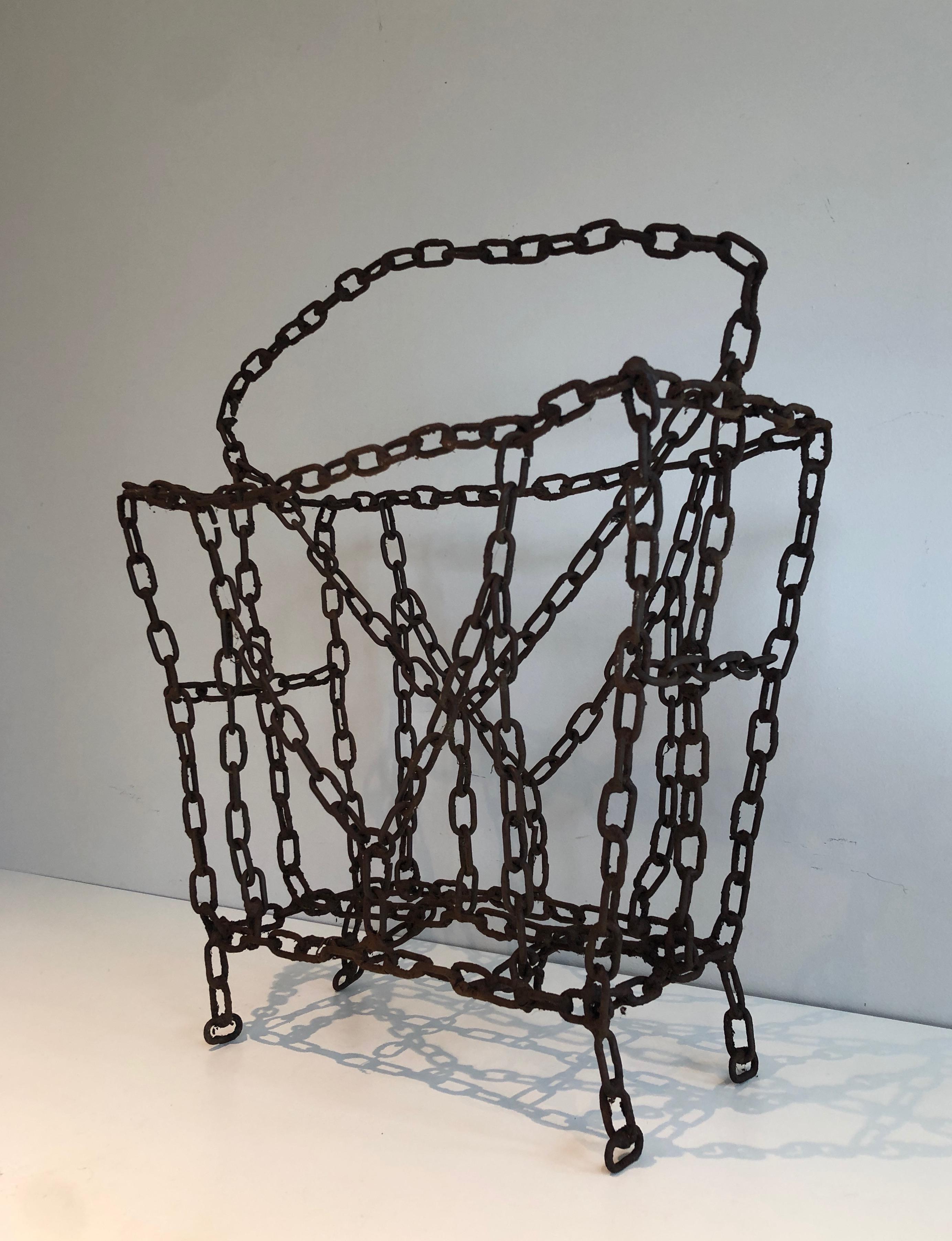 Mid-Century Modern Magazine Rack Made of Iron Chains, French Work For Sale