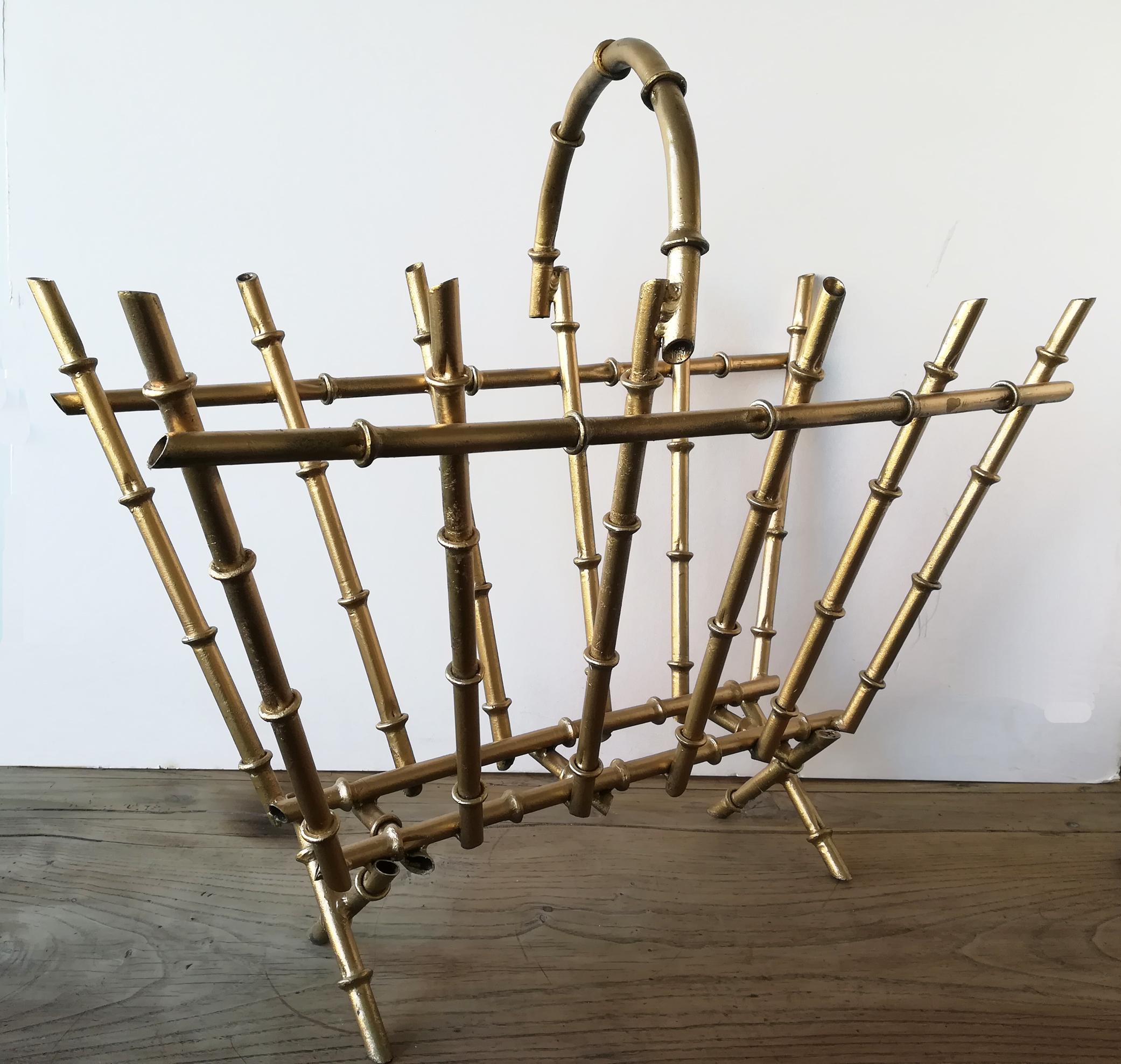Mid-Century Modern Magazine Rack Midcentury Golden Iron Faux Bamboo Form