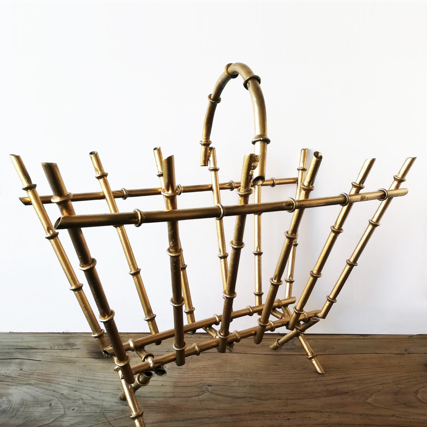 20th Century Magazine Rack Midcentury Golden Iron Faux Bamboo Form
