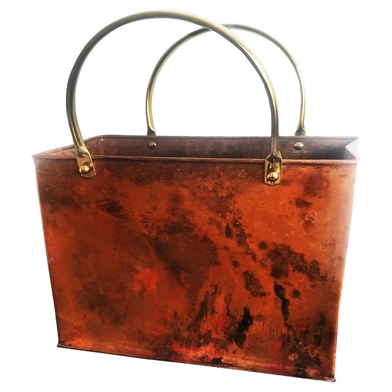 Magazine Rack Midcentury Copper with Brass Handles, 50s For Sale at 1stDibs