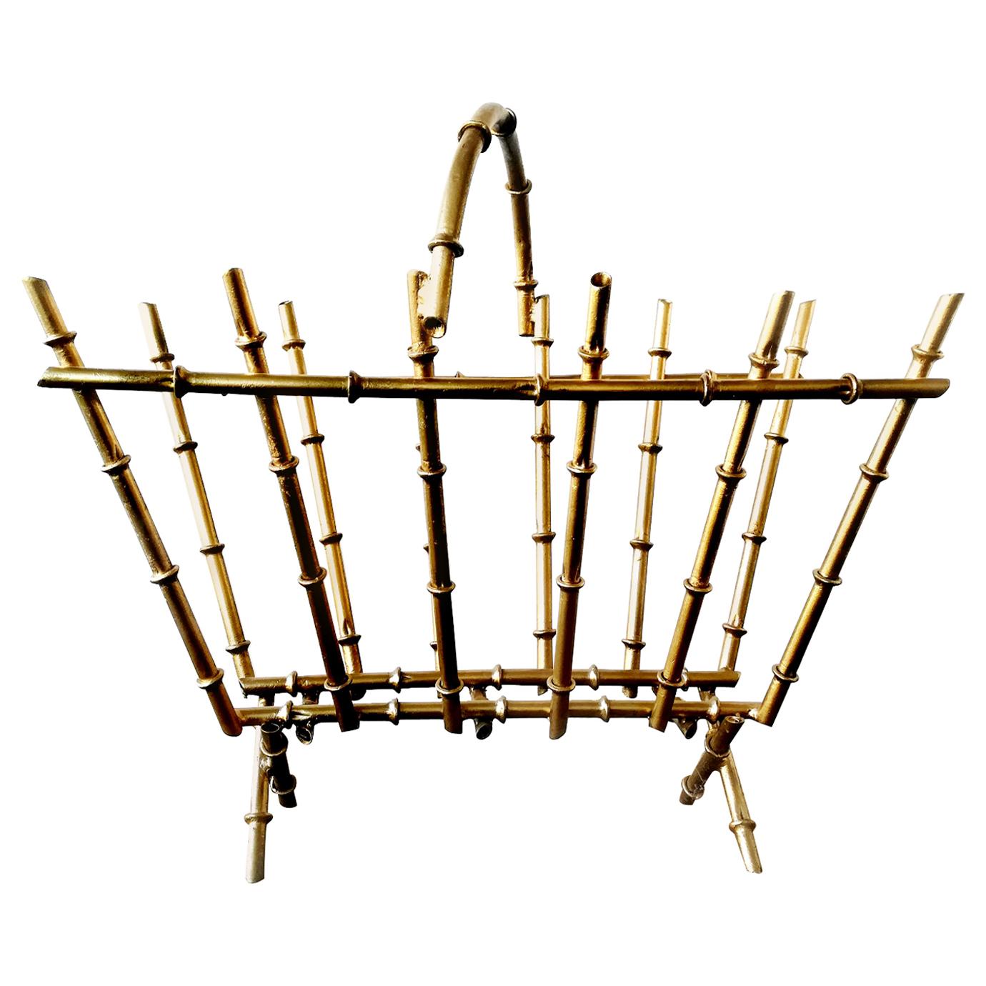 Magazine Rack Midcentury Golden Iron Faux Bamboo Form