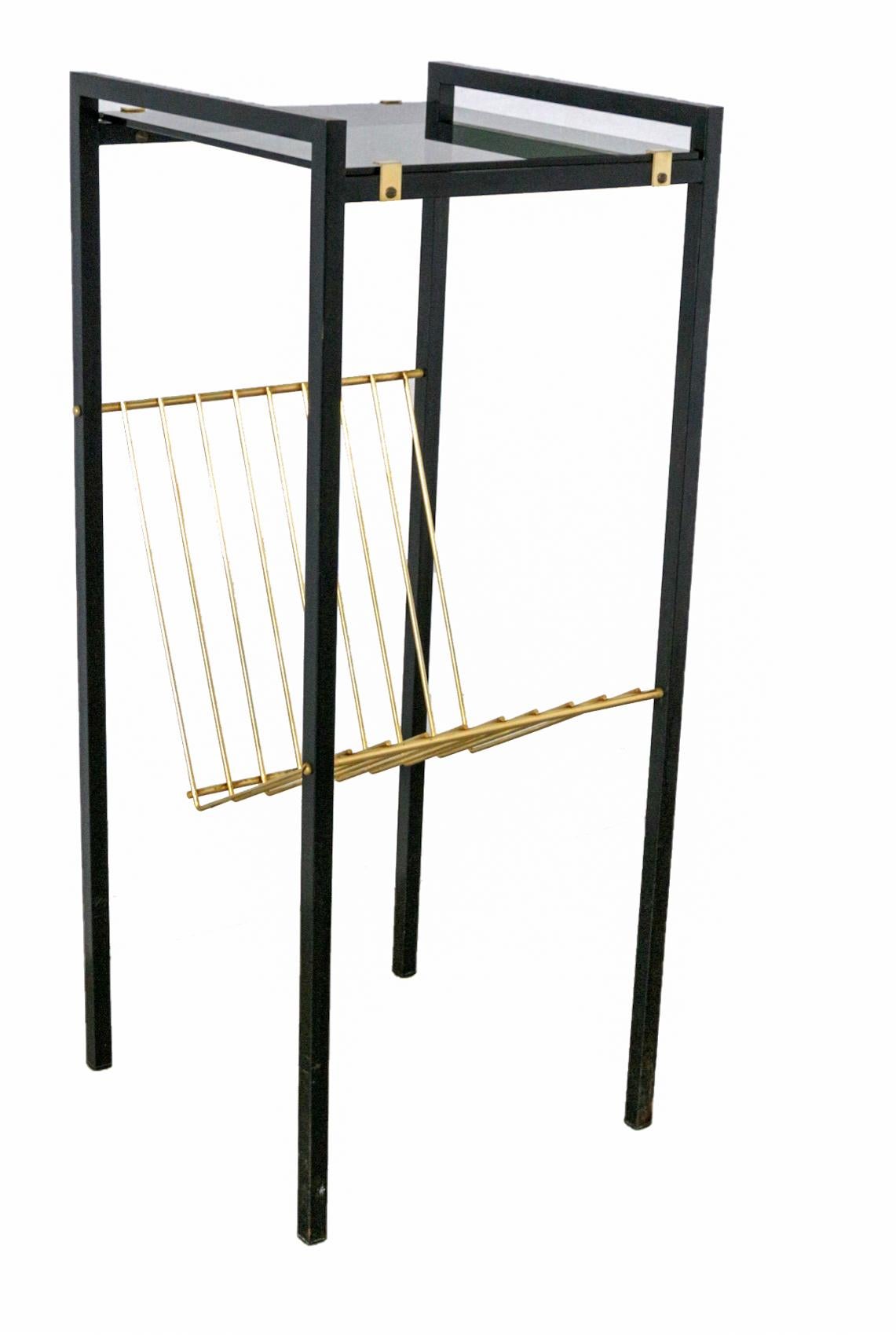 Magazine Rack Stand Metal Smoked Glass Midcentury In Good Condition For Sale In Labrit, Landes