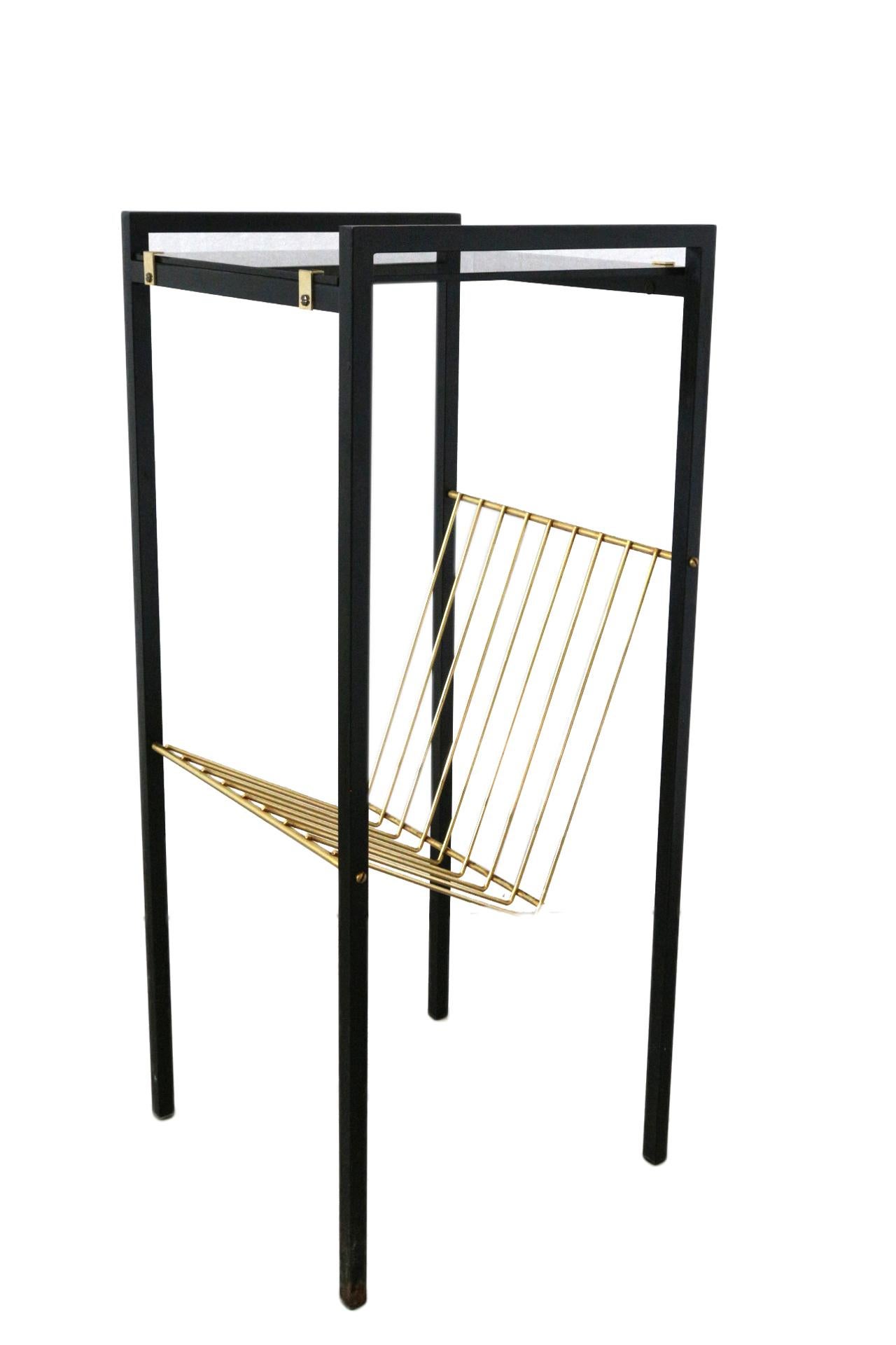Mid-20th Century Magazine Rack Stand Metal Smoked Glass Midcentury For Sale