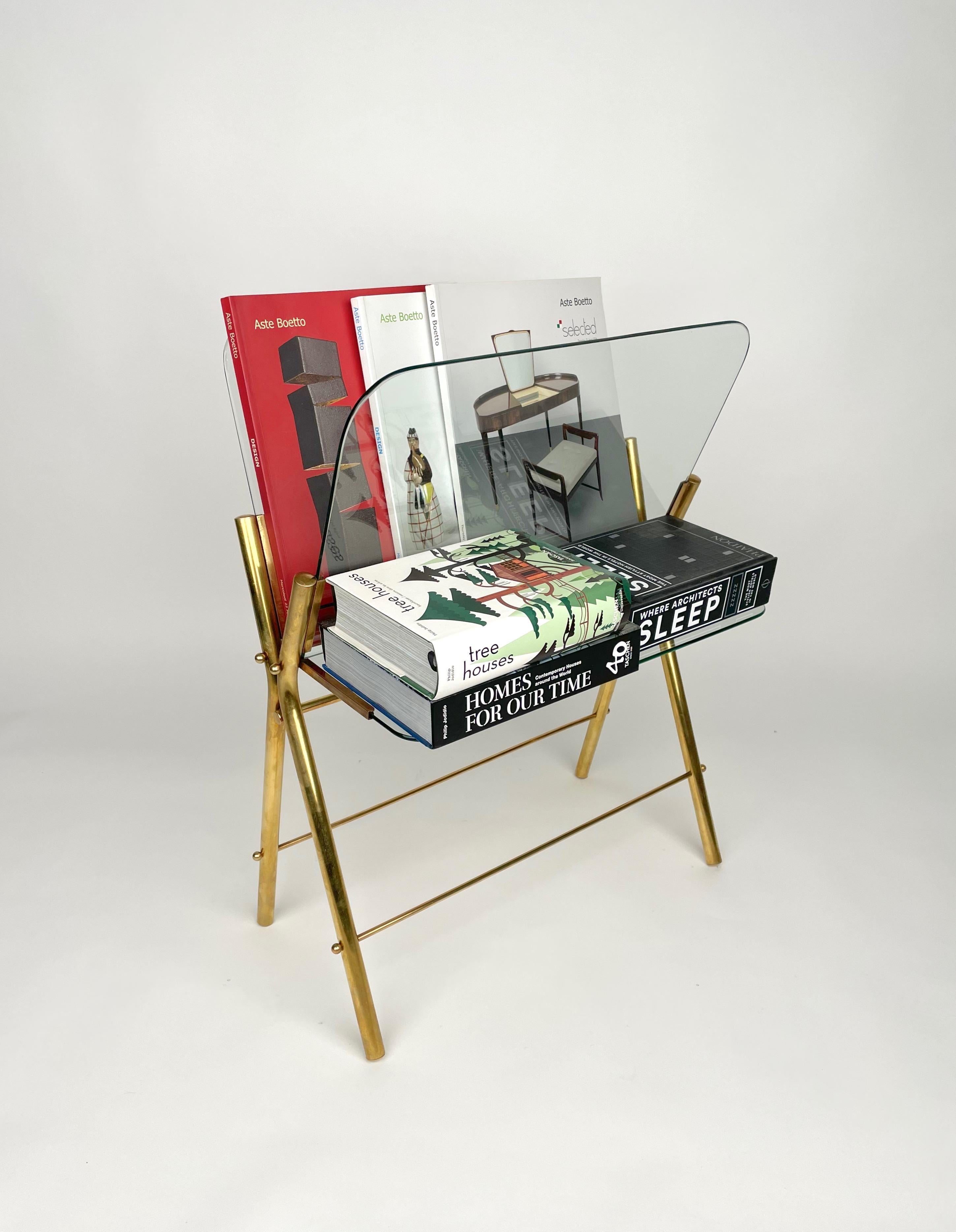 Metal Magazine Rack Table Brass and Glass, Italy 1950s For Sale