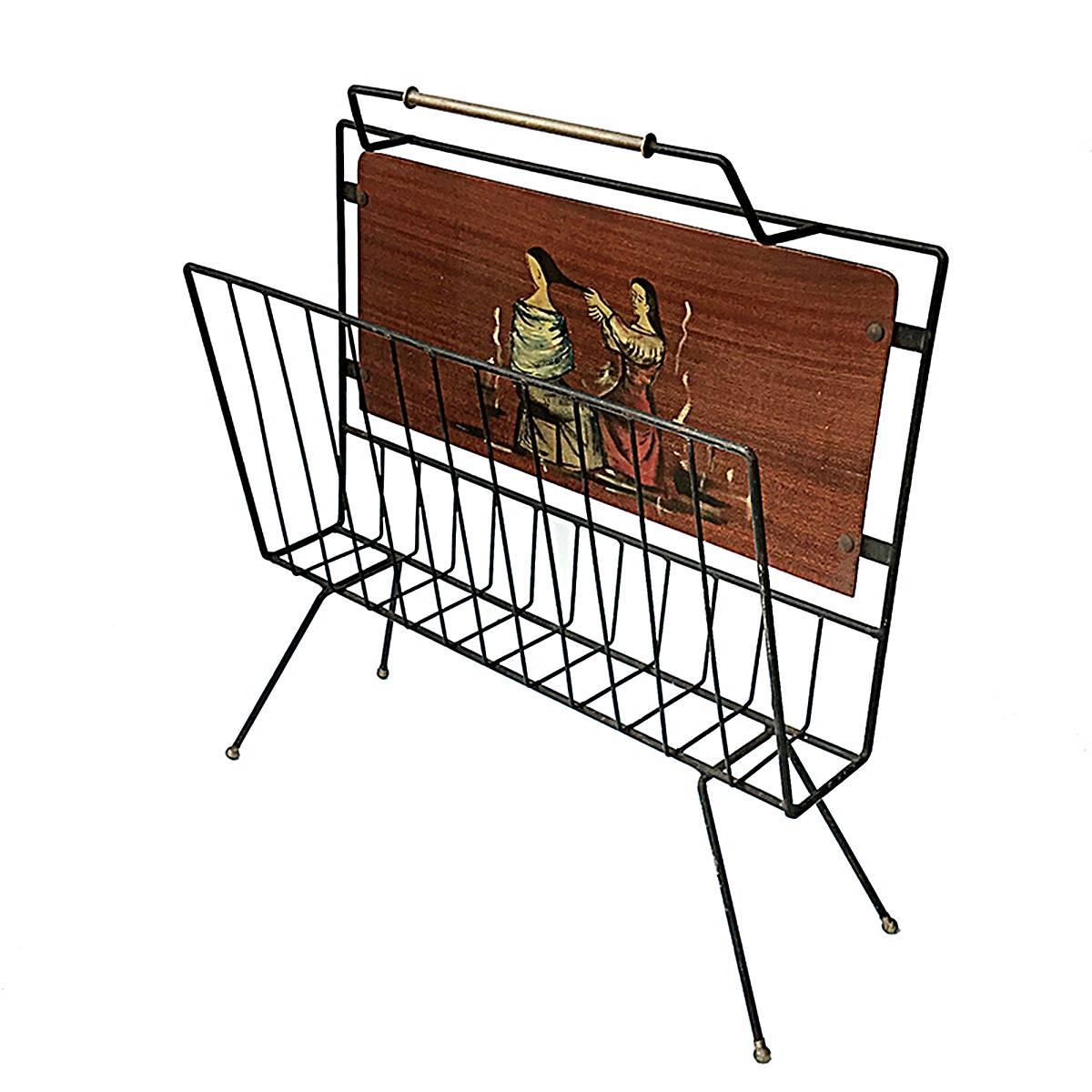 Italian Magazine Rack the Enameled Iron and Painted Wood, 1950s For Sale