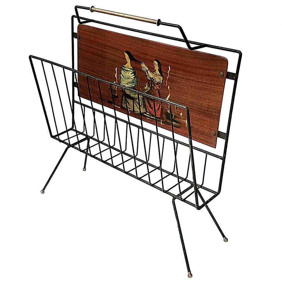 Wrought Iron and Wood Side Table with Magazine Rack from the 1950s For