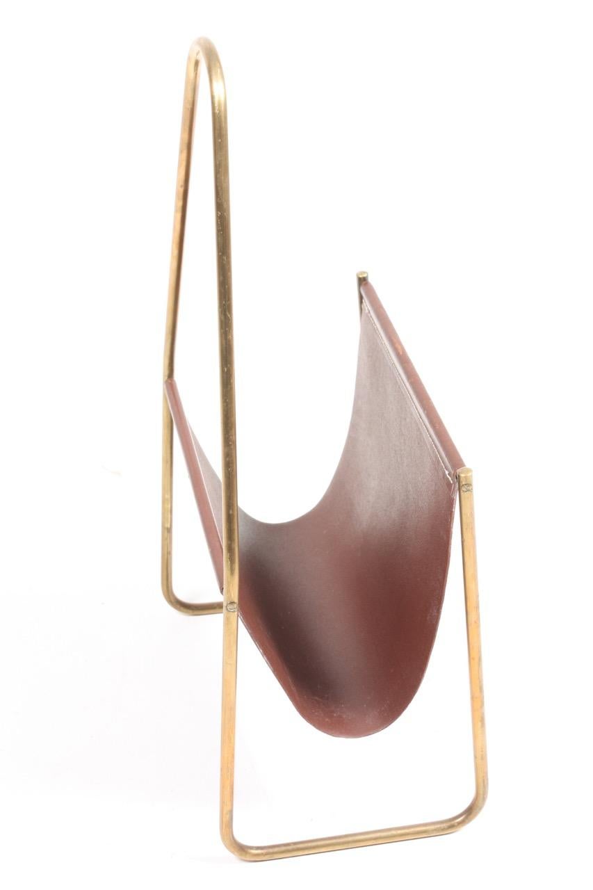 Austrian Magazine Stand in Patinated Leather and Brass by Carl Auböck, 1950s