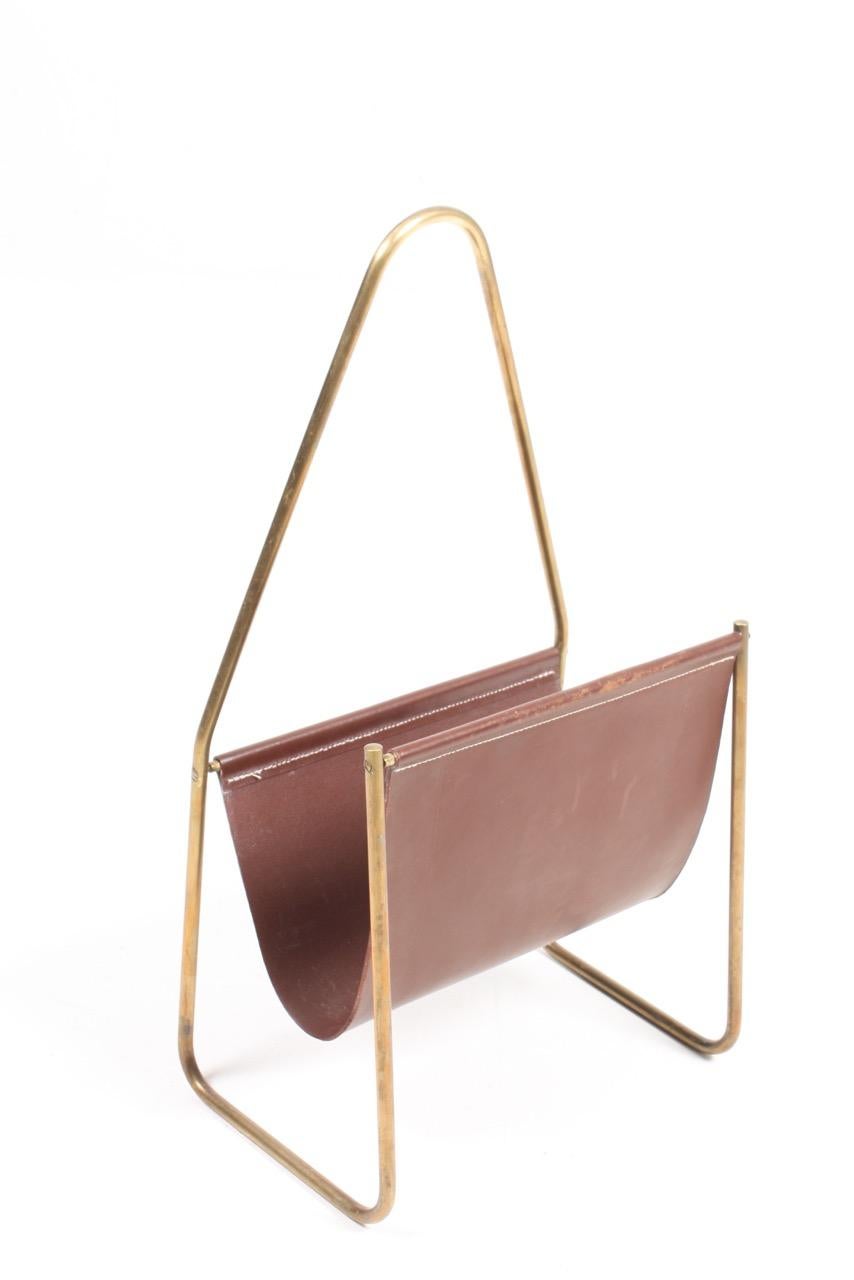 Mid-20th Century Magazine Stand in Patinated Leather and Brass by Carl Auböck, 1950s