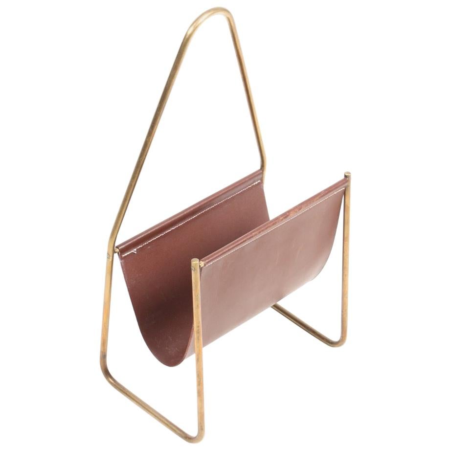 Magazine Stand in Patinated Leather and Brass by Carl Auböck, 1950s