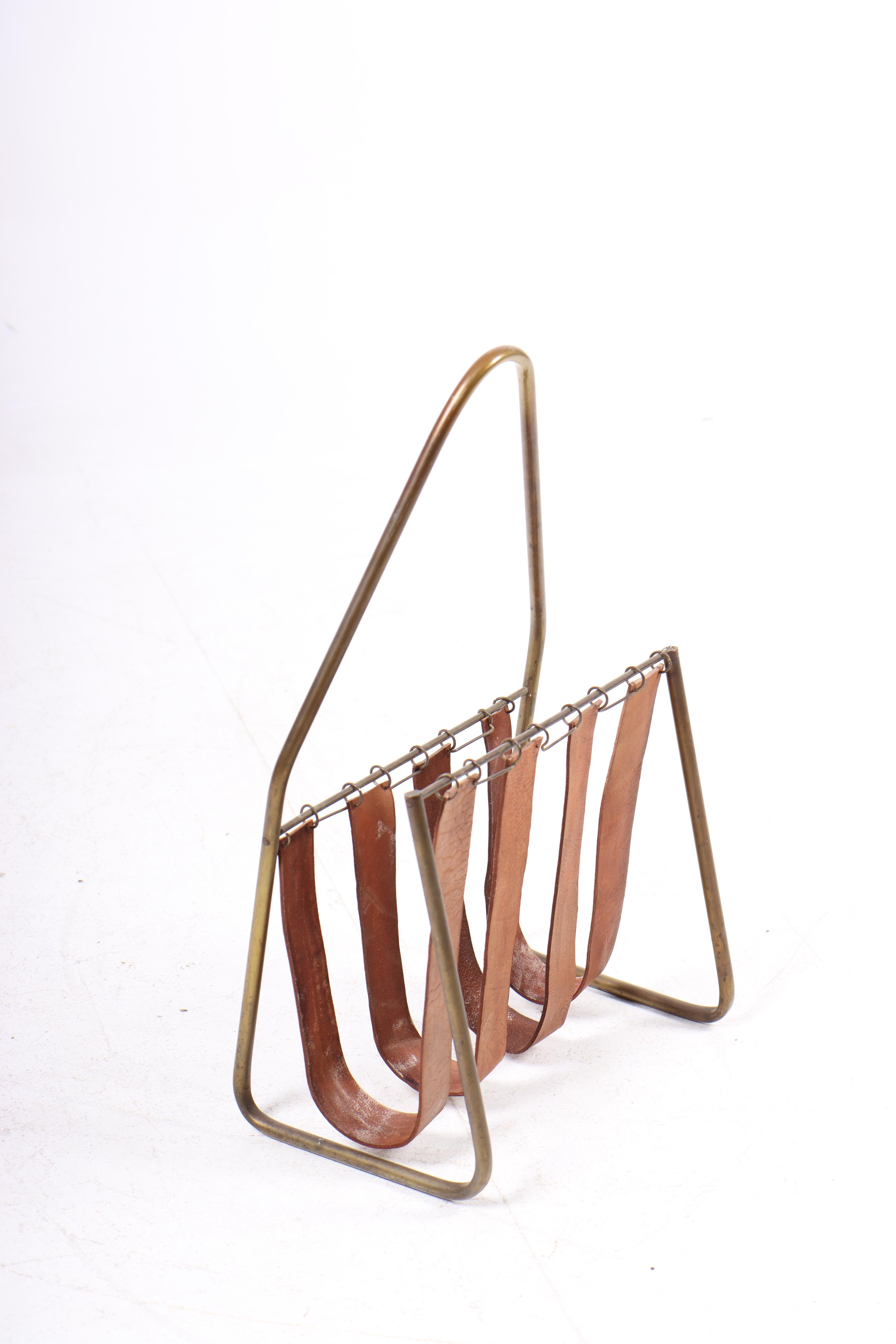 Scandinavian Modern Magazine Stand in Patinated Leather and Brass by Illums Bolighus, 1950s For Sale