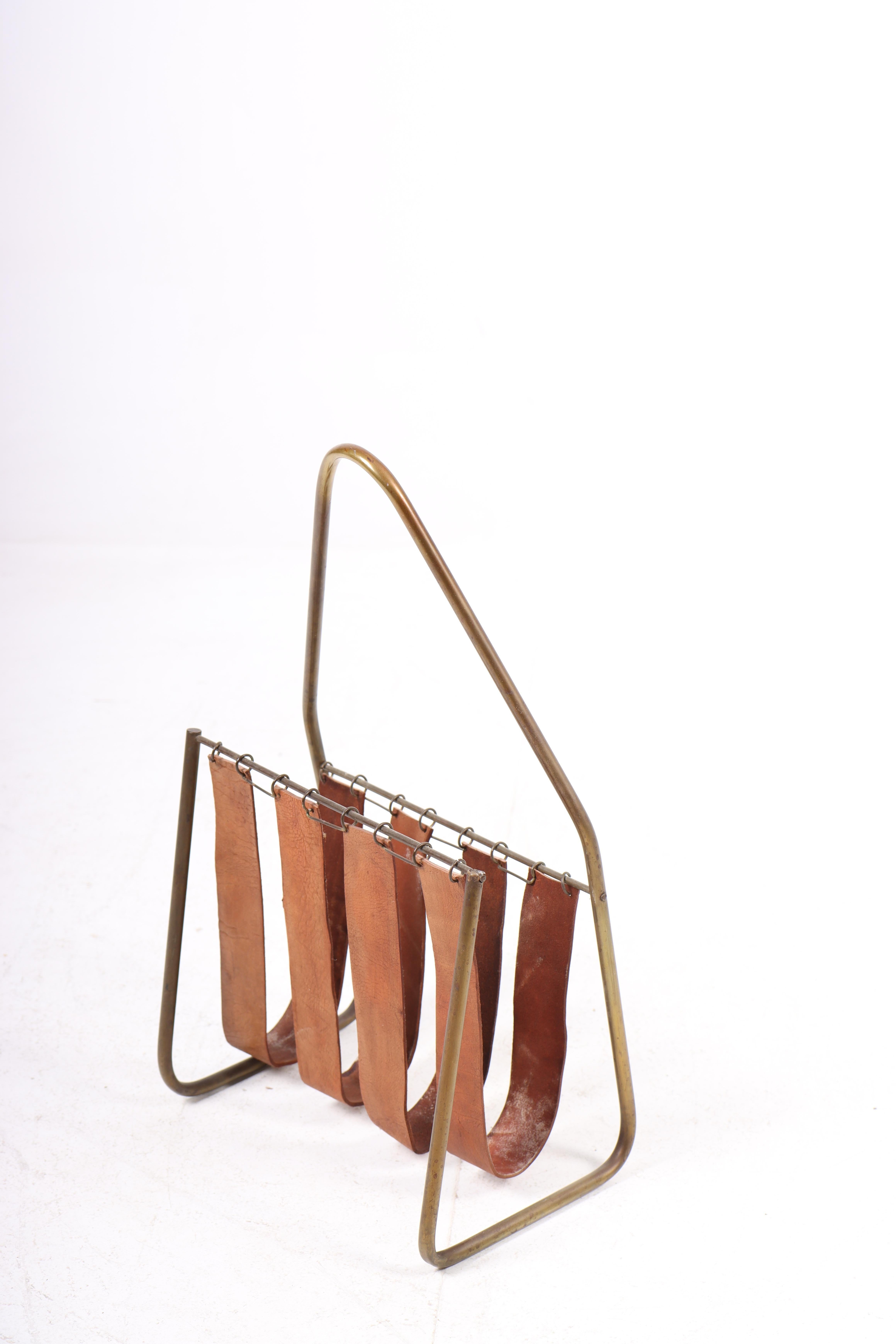 Austrian Magazine Stand in Patinated Leather and Brass by Illums Bolighus, 1950s For Sale