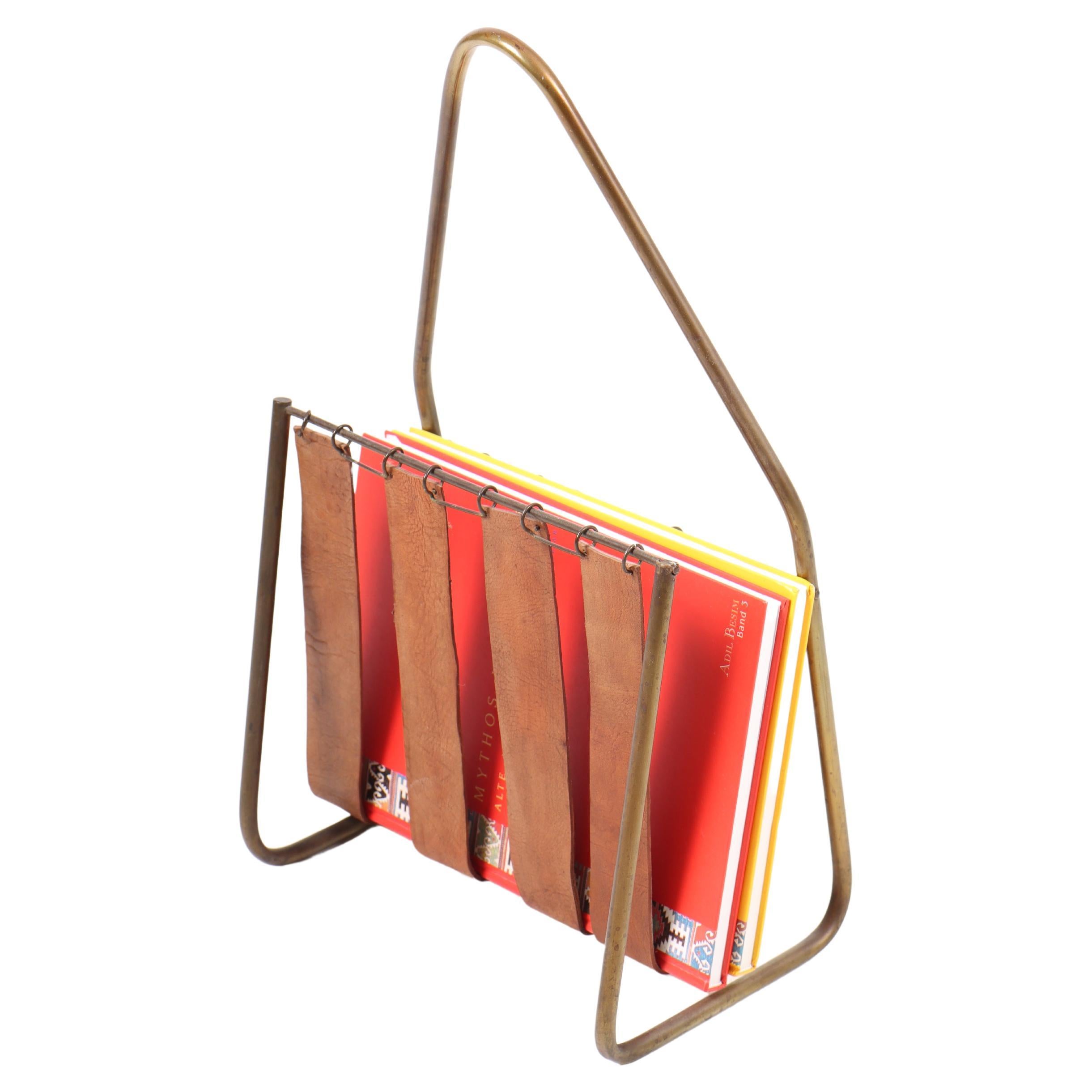 Magazine Stand in Patinated Leather and Brass by Illums Bolighus, 1950s For Sale