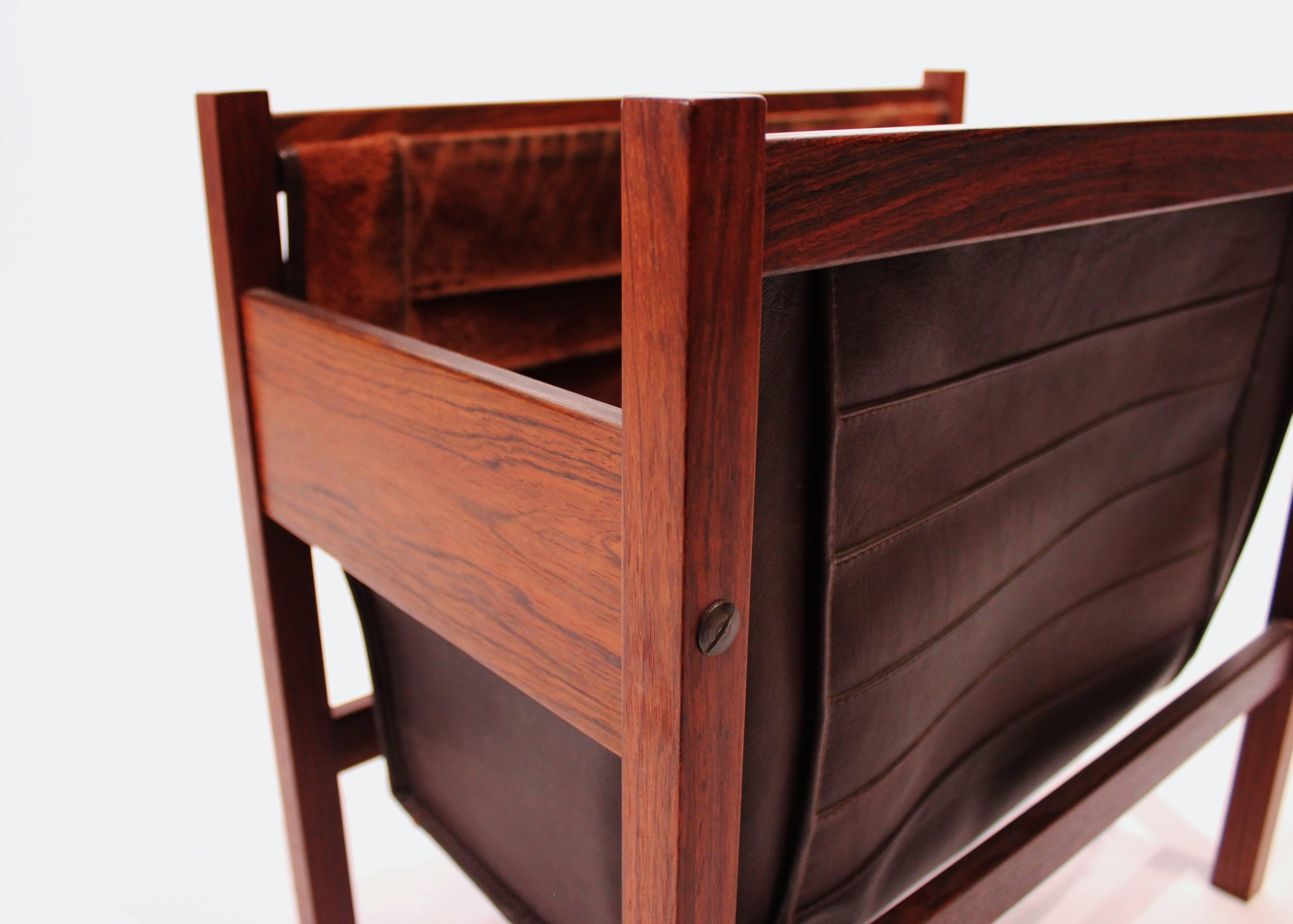 Mid-20th Century Magazine Stand in Rosewood, Dark Brown Leather and Suede of Danish Design, 1960s