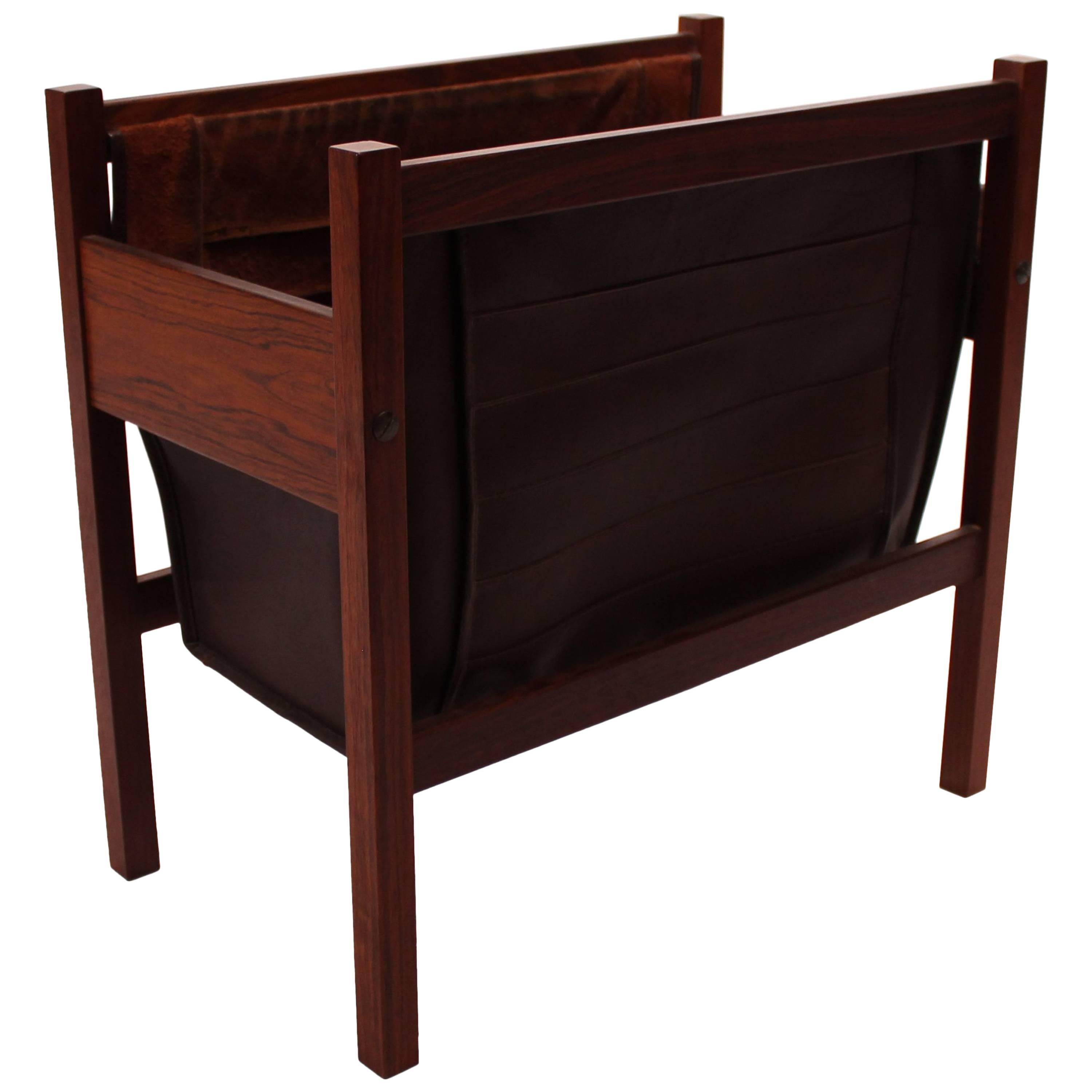 Magazine Stand in Rosewood, Dark Brown Leather and Suede of Danish Design, 1960s