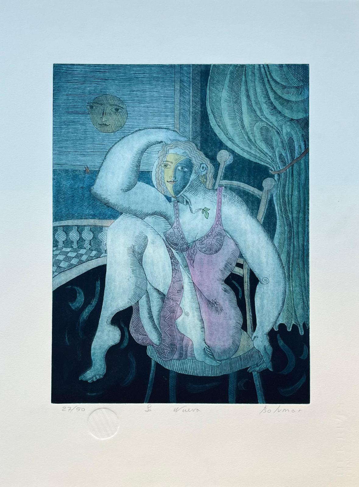 Magda Bolumar (Spain, 1936)
'La nueva (Carpeta ""La luna presente"")', 1997
etching, aquatint on paper Rives BFK 300 g.
27.6 x 19.7 in. (70 x 50 cm.)
Edition of 50
Unframed
ID: BOL1268-002-050_1
Hand-signed by
