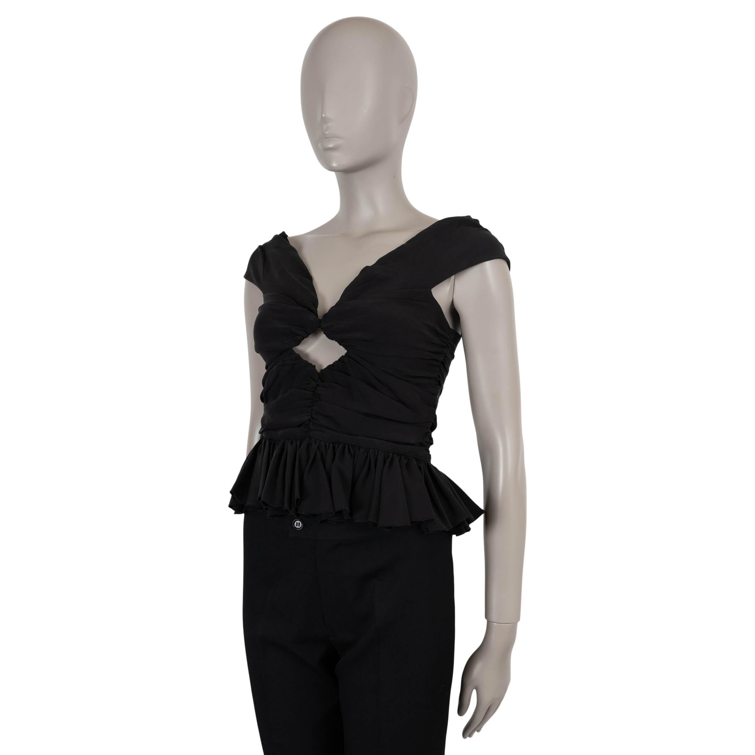 This 100% authentic Magda Butrym top is crafted in black stretch silk with 10% elastane for a sleek, sculpted fit. The off-shoulder silhouette is accented by cap sleeves and artful ruching, while a keyhole cutout beneath the bust adds a touch of