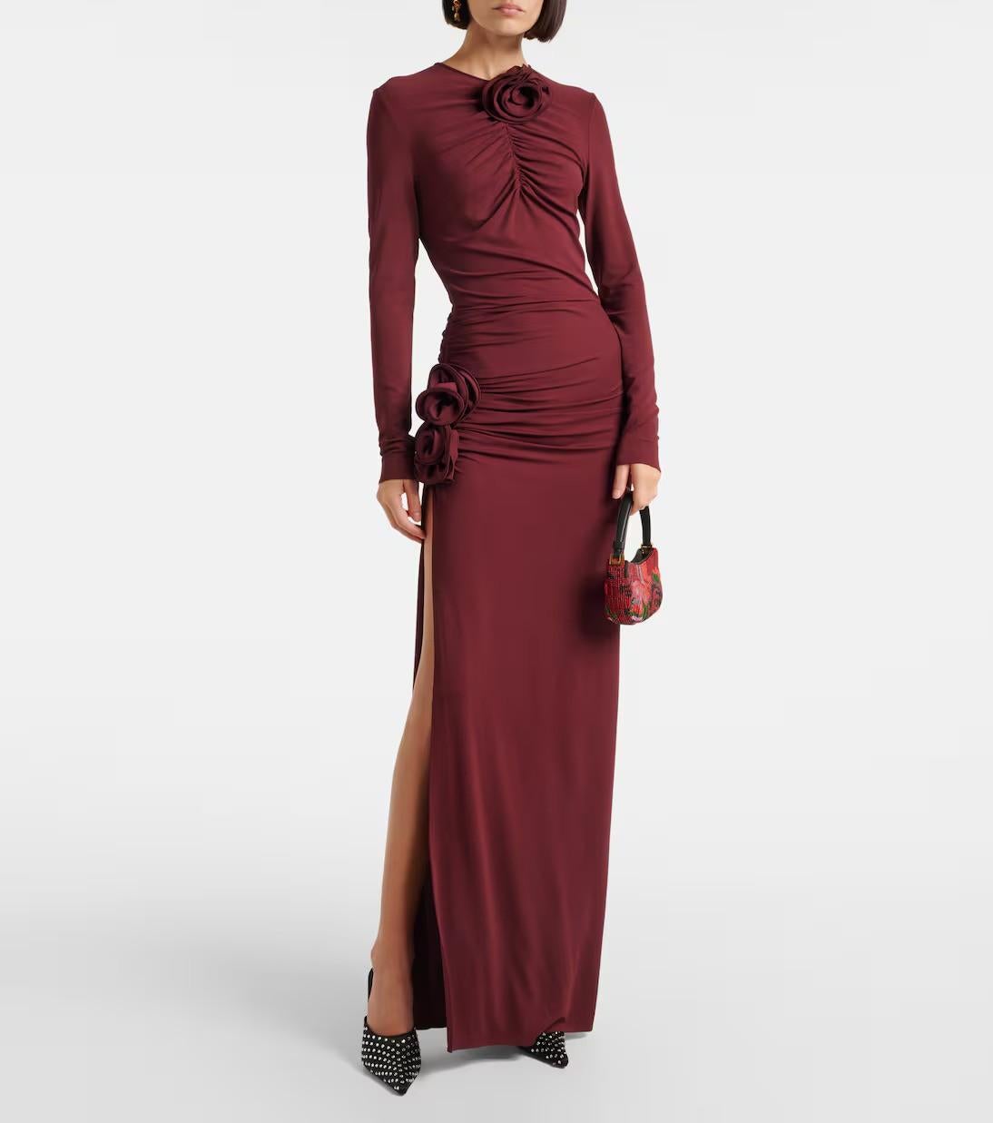 MAGDA BUTRYM viscosa bordeaux 2024 FLOWER APPLIQUE RUCHED JERSEY GOWN Vestito XS in vendita 2