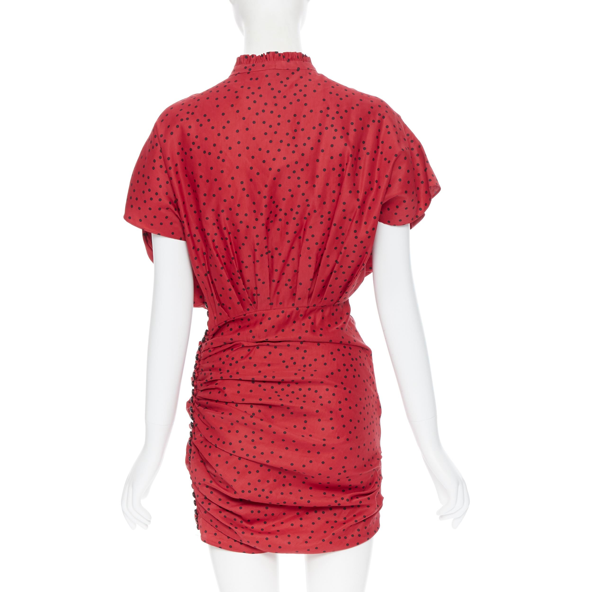 Red MAGDA BUTRYM red linen blend red polka dot bubble top draped mini dress Fr34