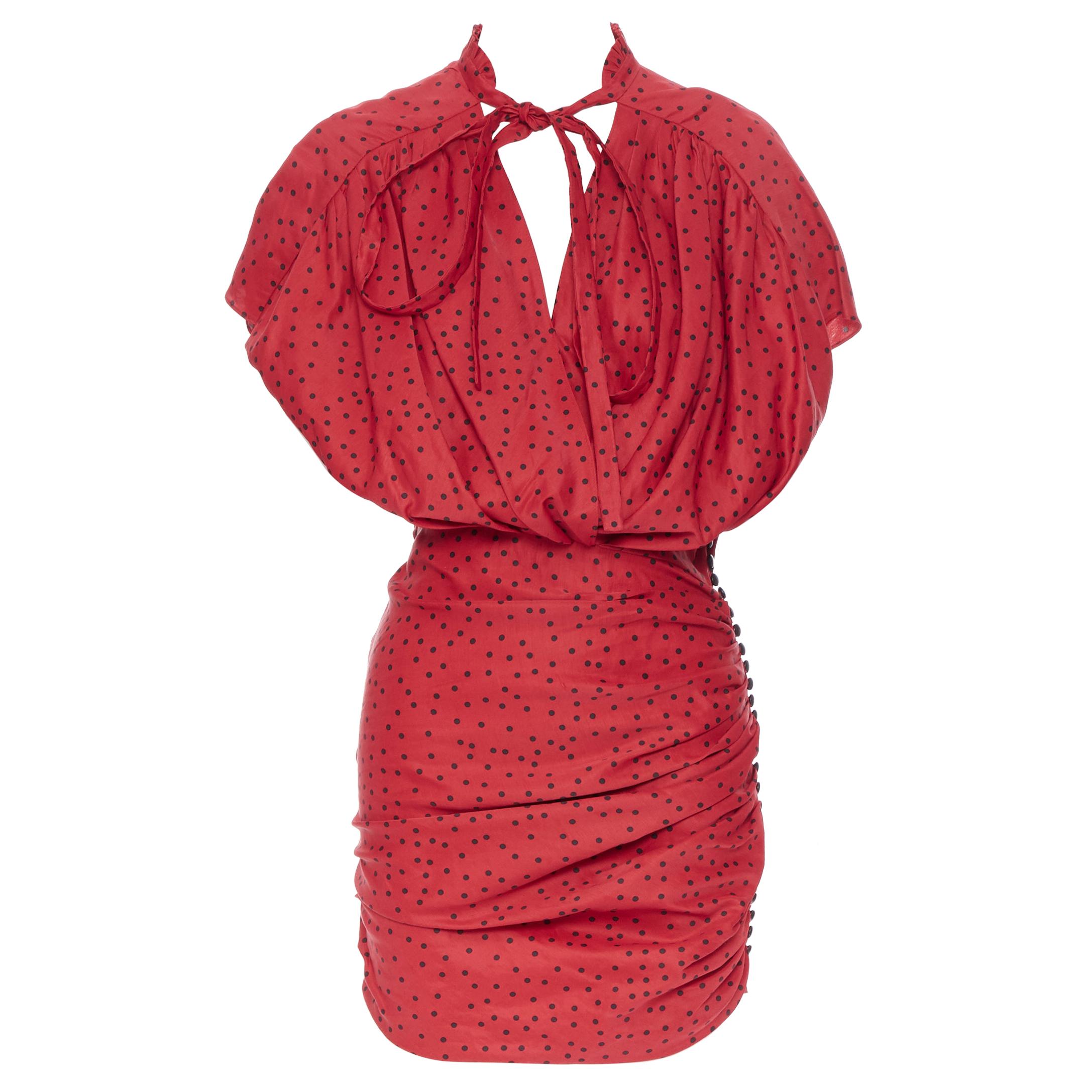 MAGDA BUTRYM red linen blend red polka dot bubble top draped mini dress Fr34