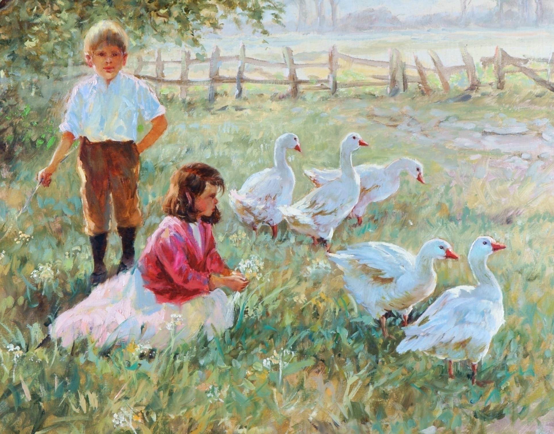 Children with geese in the light of a summer evening - Painting by Magda Kremer