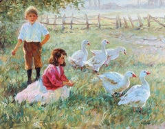 Children with geese in the light of a summer evening /- The Lightness of Light -
