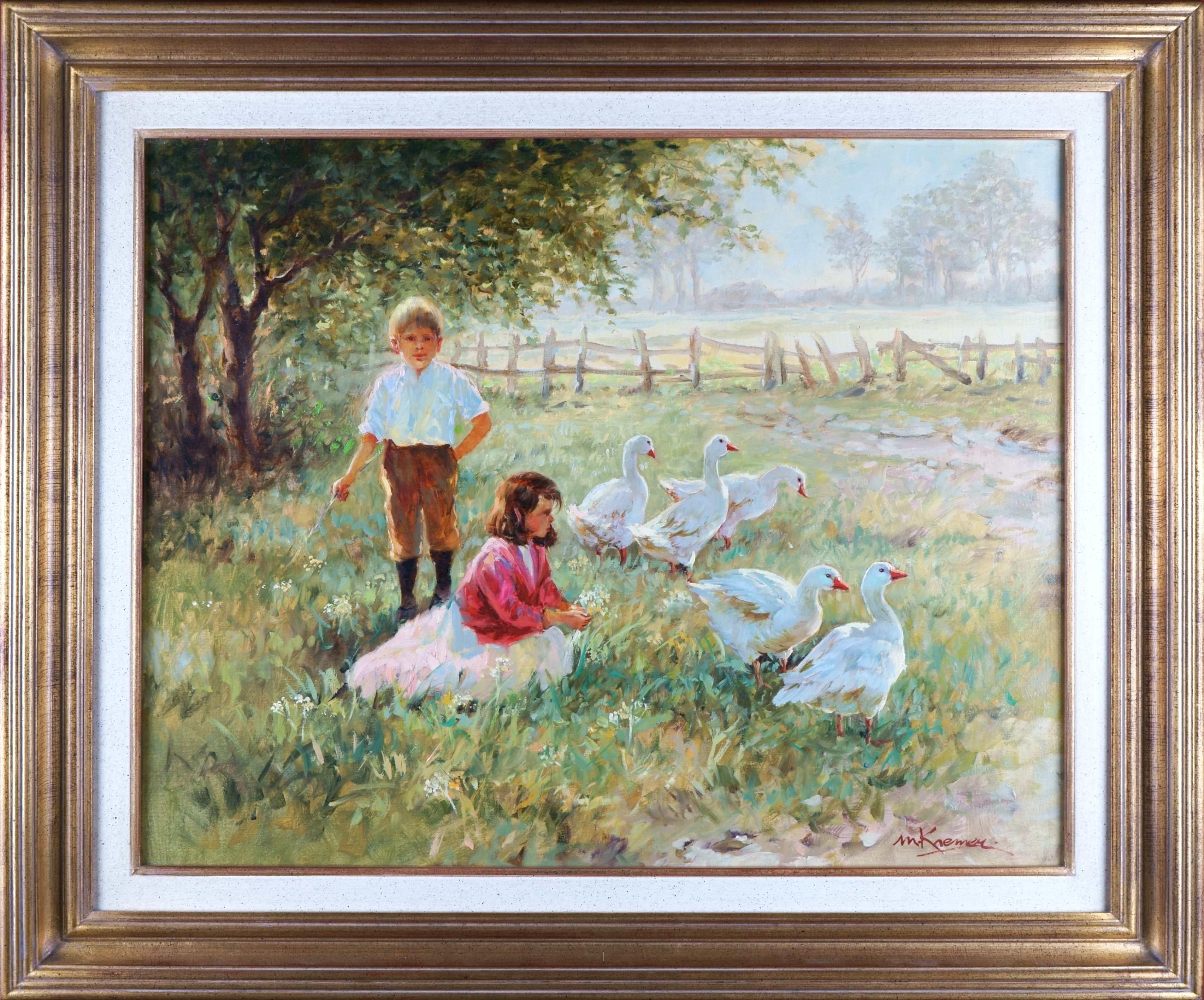 Kinder mit Gänseblümchen im Licht eines Sommerabends (Realismus), Painting, von Magda Kremer