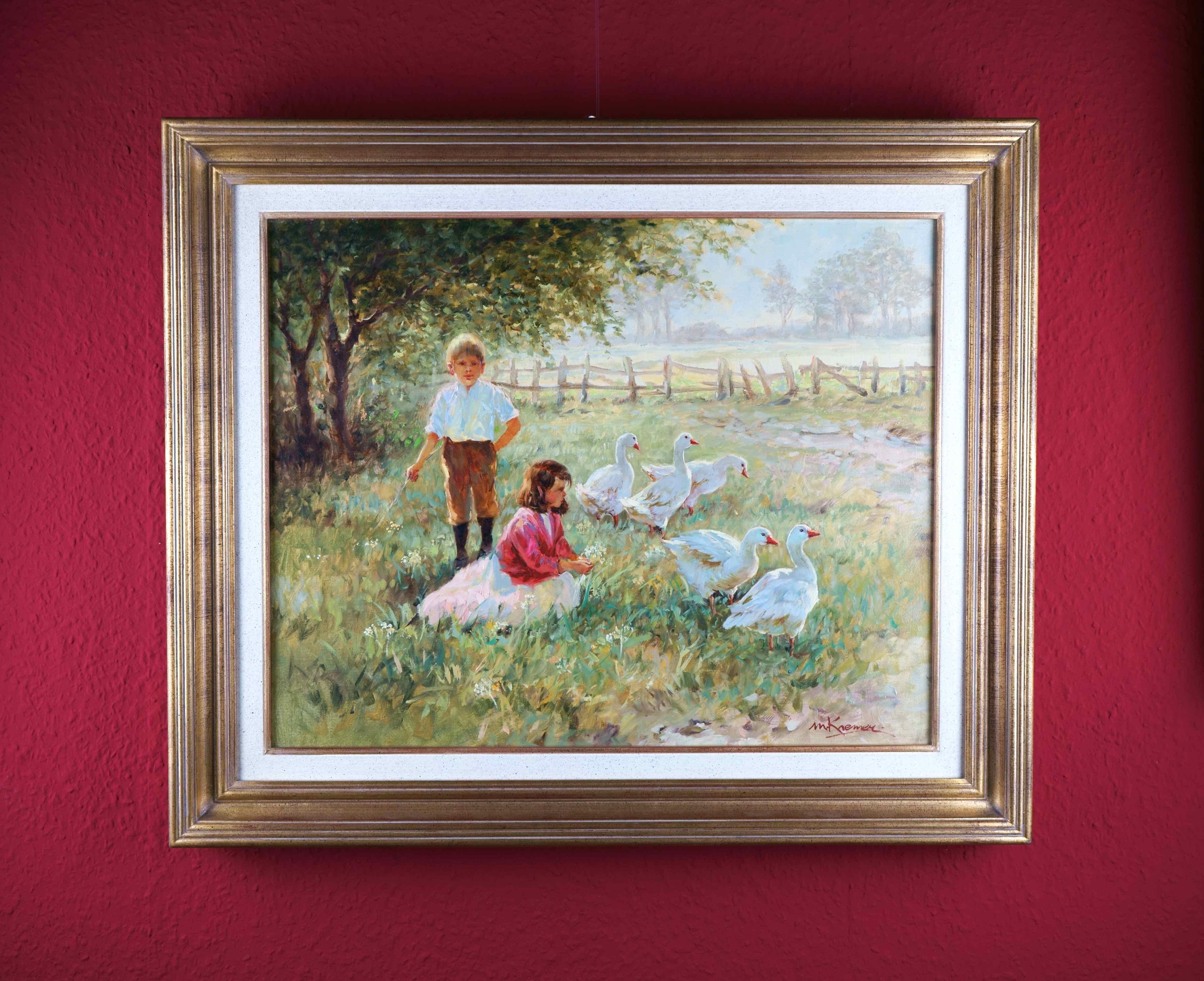 Children with geese in the light of a summer evening - Realist Painting by Magda Kremer