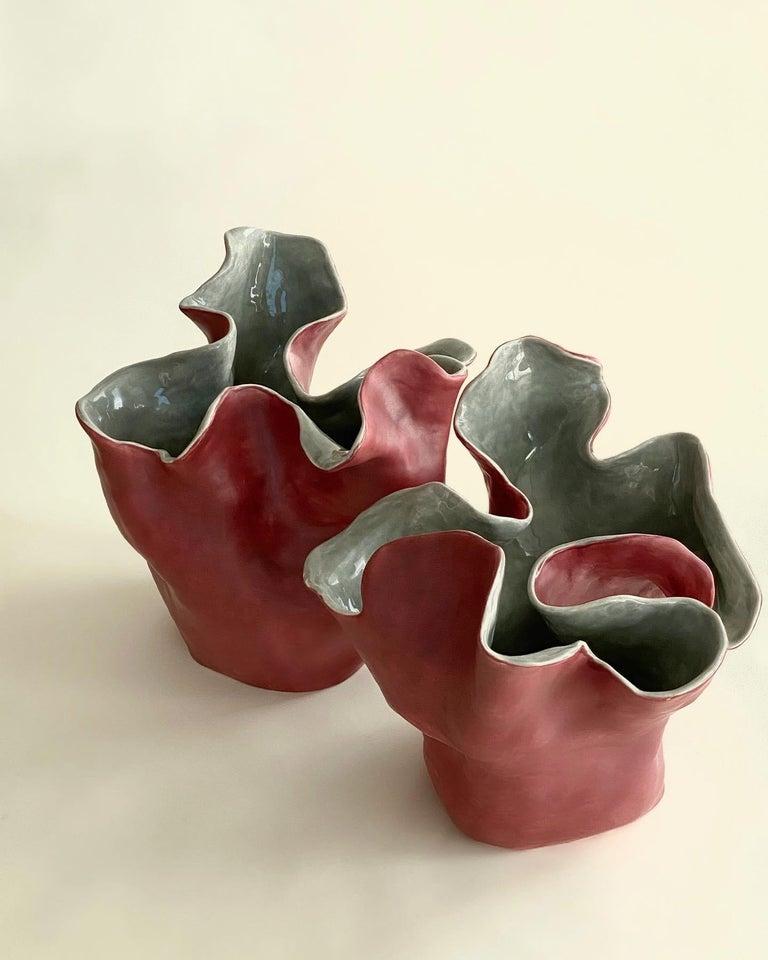 Set of two Visceral Red and Gray , One of a kind Sculpture vase - Brown Abstract Sculpture by Magda Von Hanau