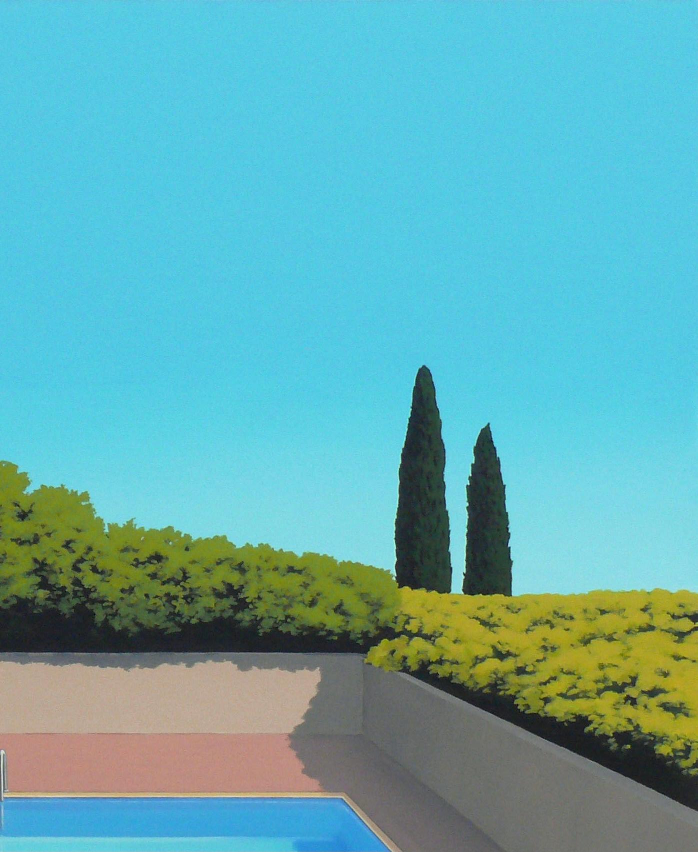 Enclosed garden - landscape painting - Blue Landscape Painting by Magdalena Laskowska