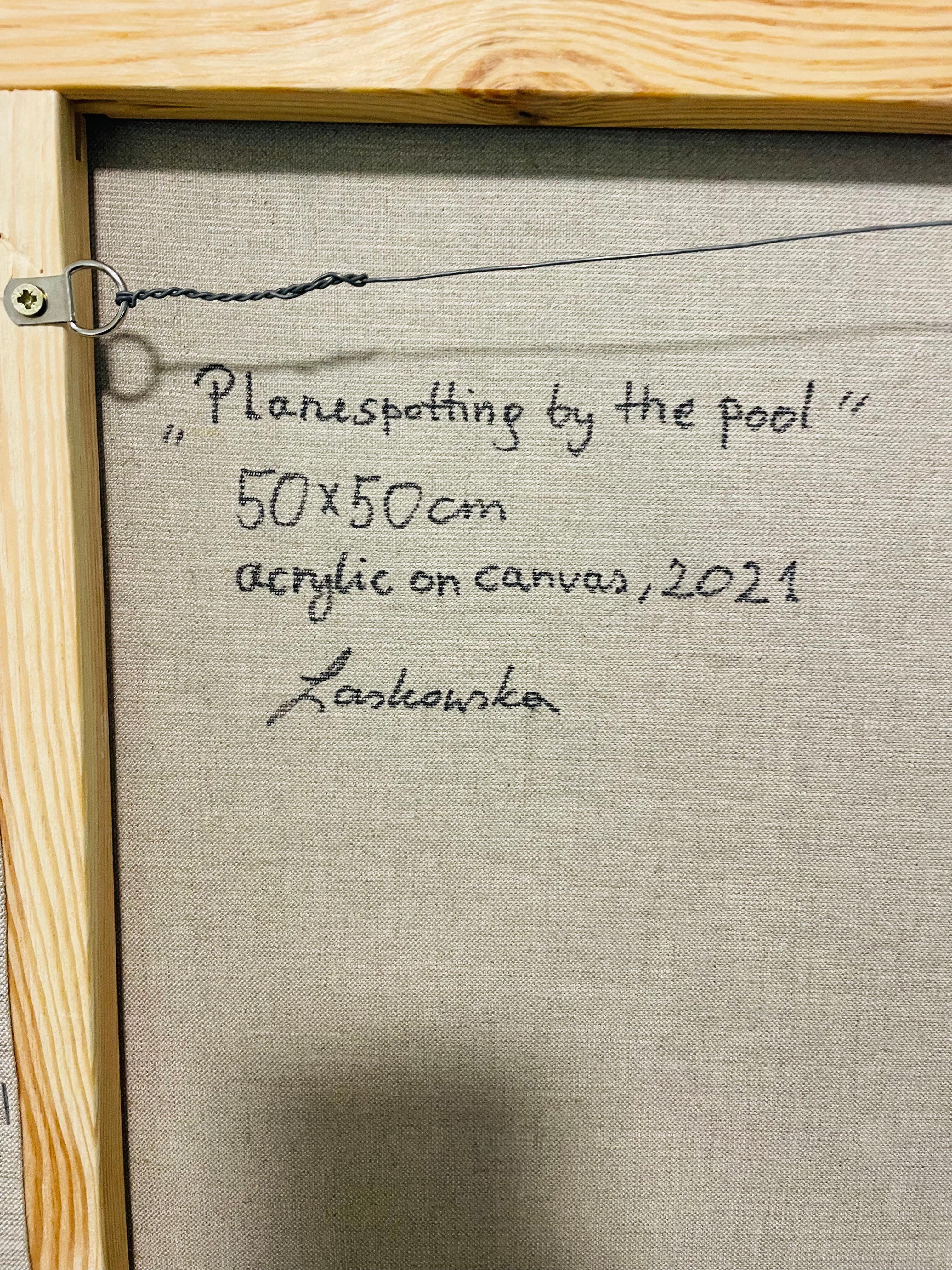 Avvistamento di un aereo in piscina - pittura di paesaggio in vendita 6