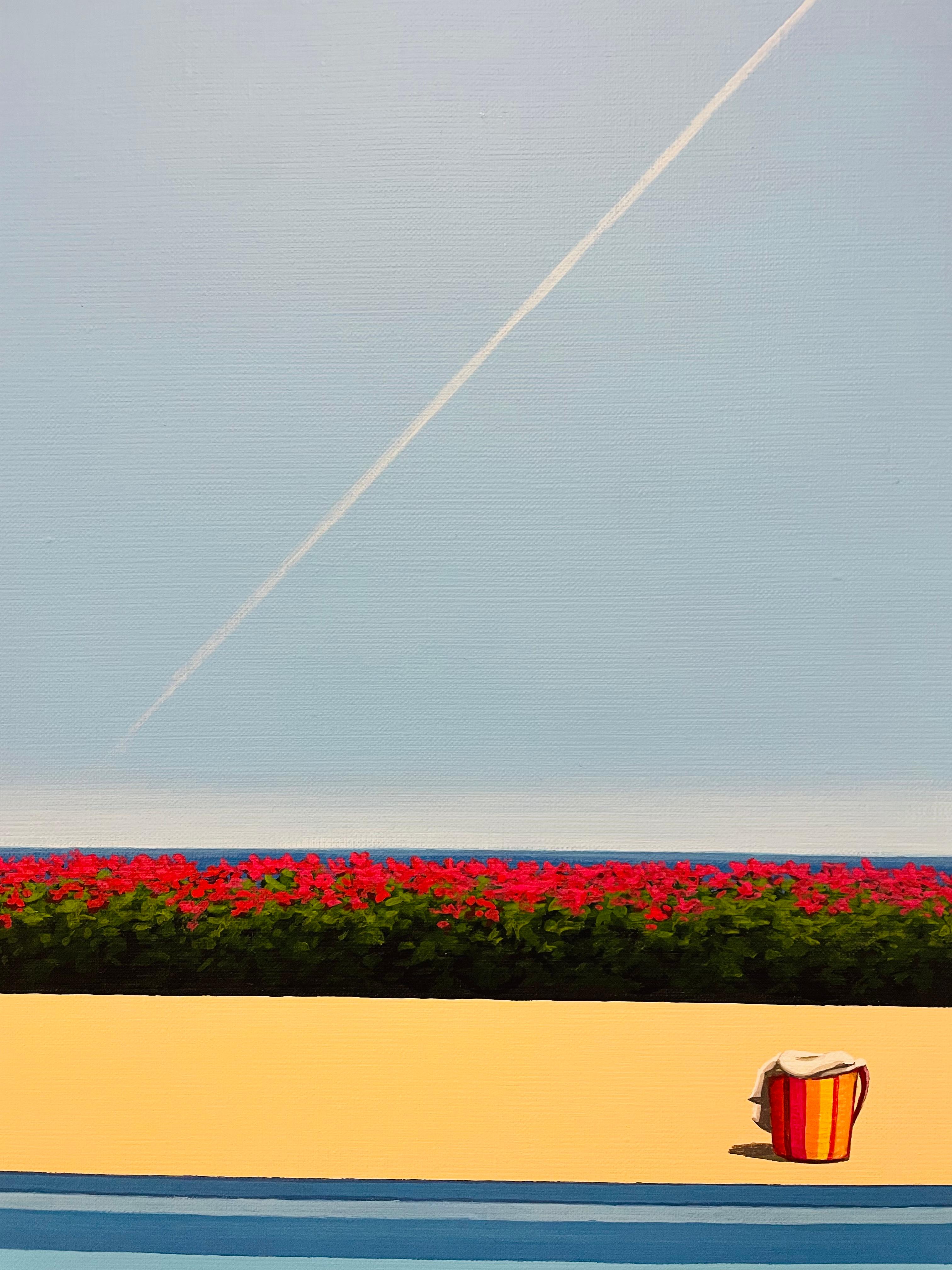 Avvistamento di un aereo in piscina - pittura di paesaggio in vendita 2