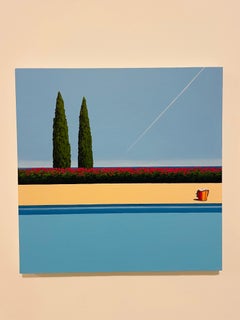 Avión junto a la piscina - pintura de paisaje