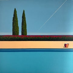 Observation d'un avion au bord de la piscine - peinture de paysage