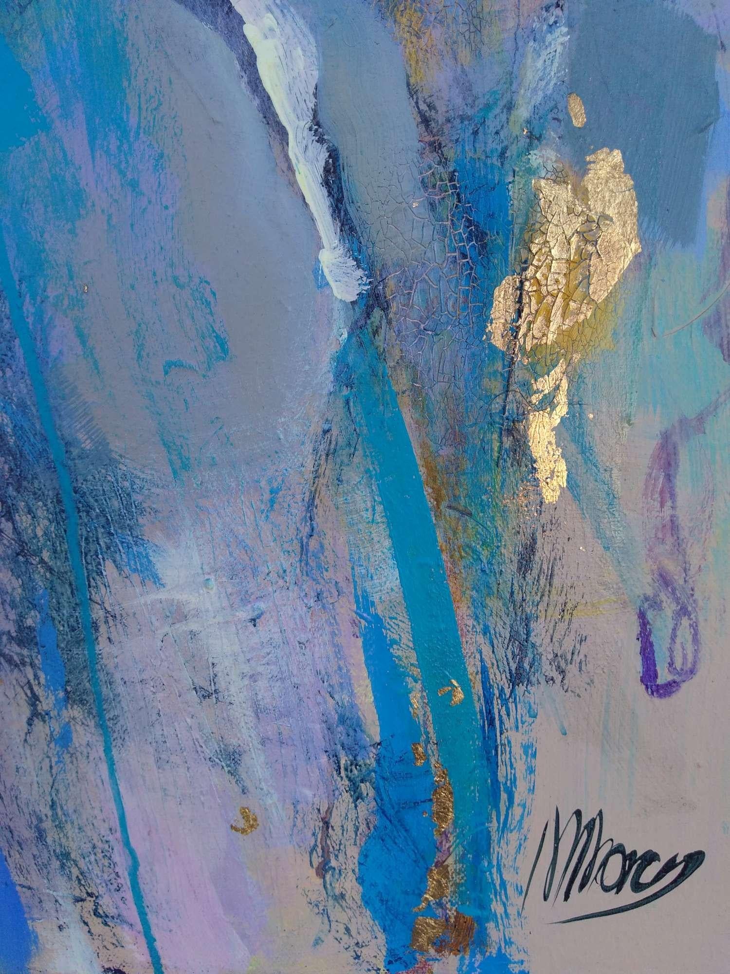 This is a figurative all about contrasts: the cracked, stony texture contrasting with the smooth sensuality of the subject and the cool turquoises contrasting with the warm gold and soft lavender hues. She is alive and glad to be so! 

This original