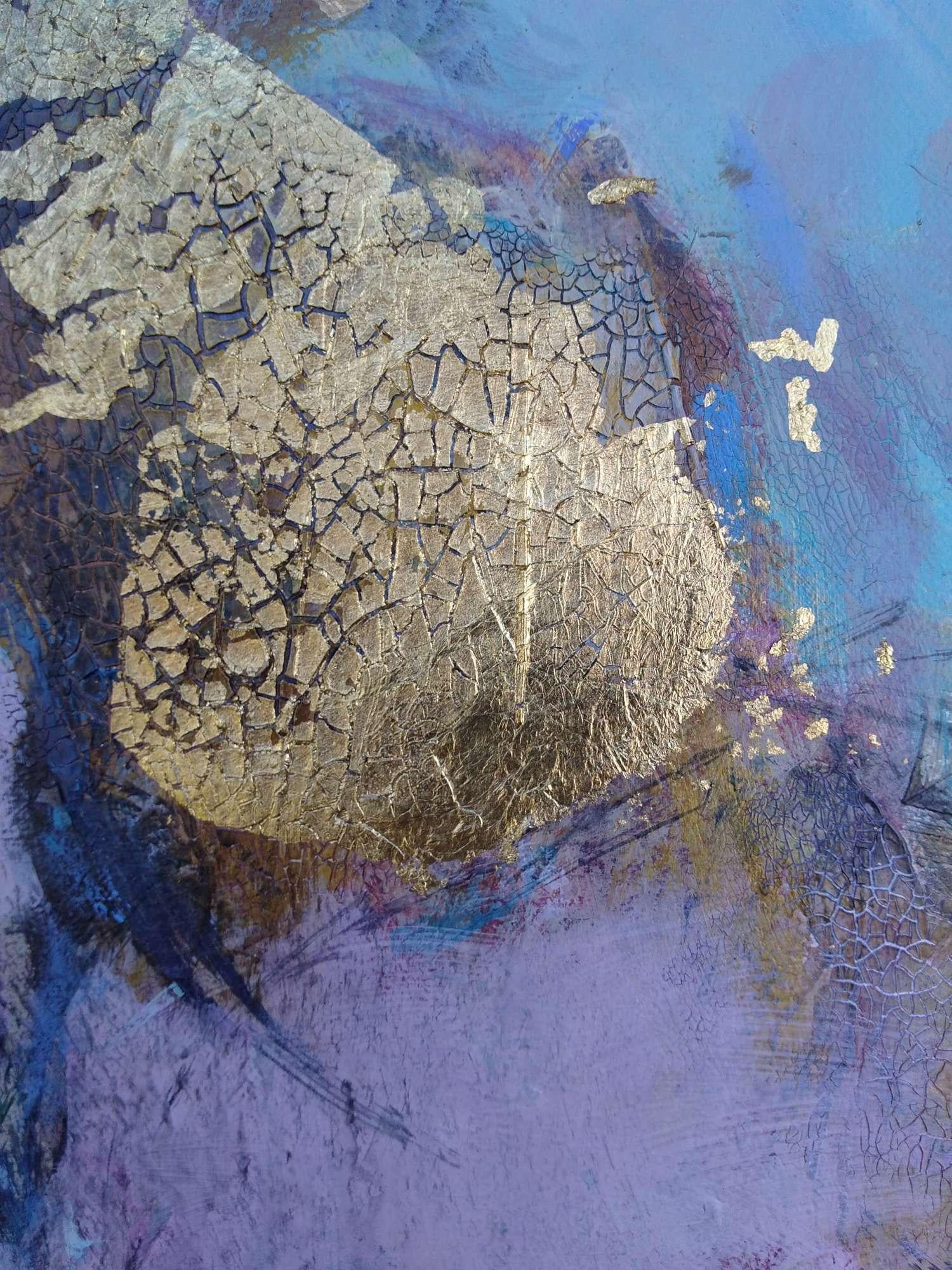 Elation, abstract purple, blue and gold mixed media painting 1