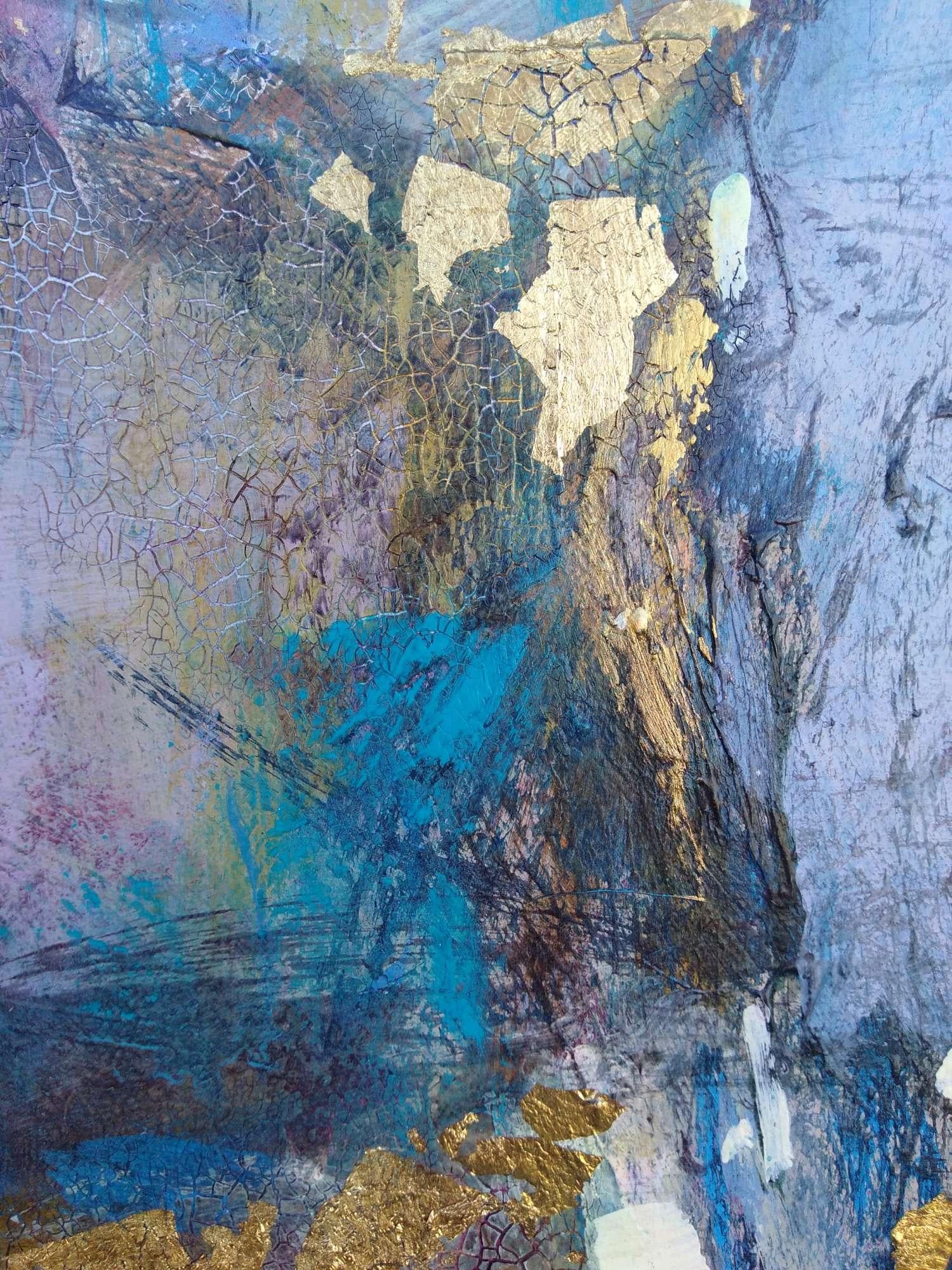 Elation, abstract purple, blue and gold mixed media painting 2