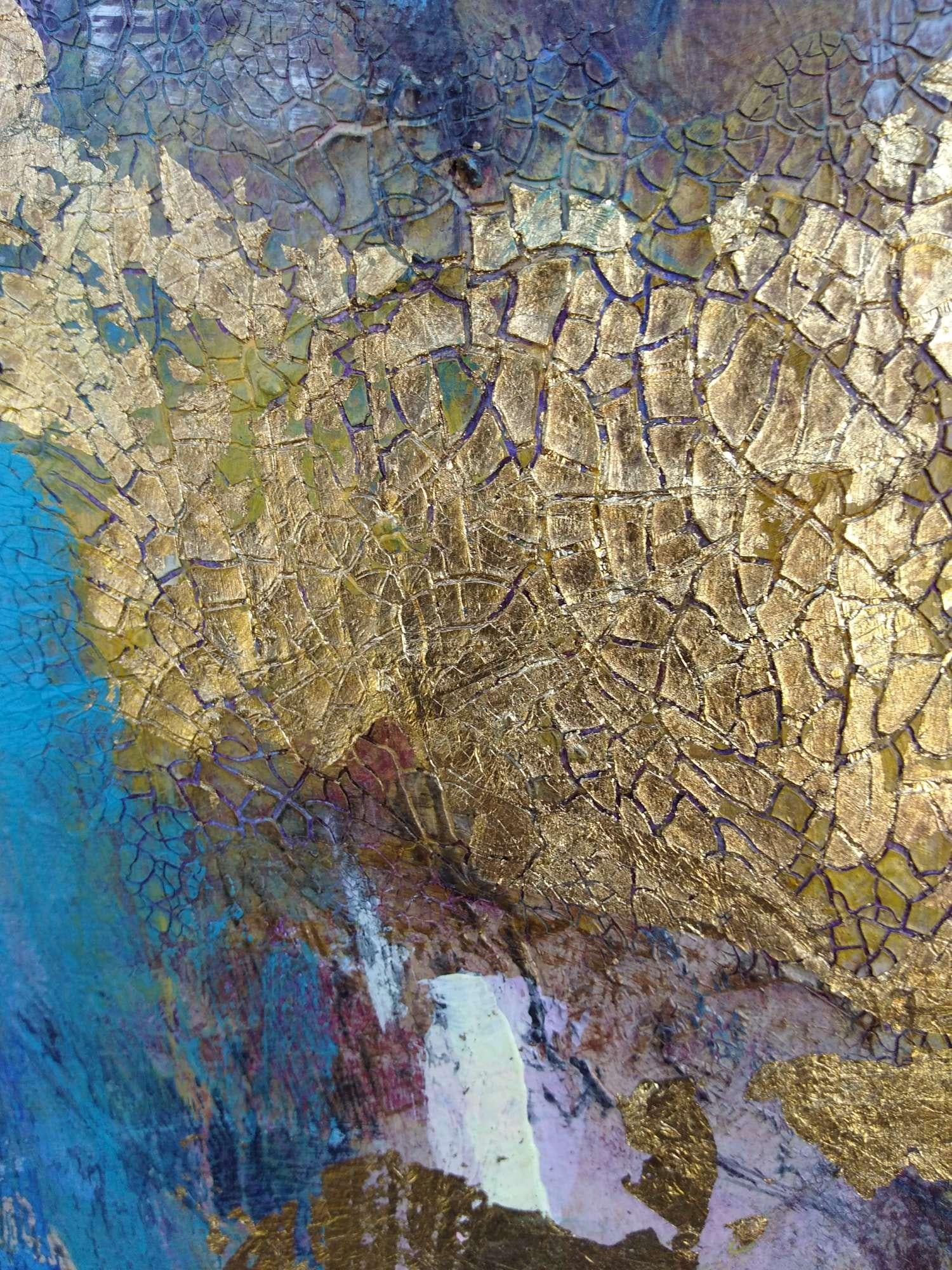 Elation, abstract purple, blue and gold mixed media painting 3