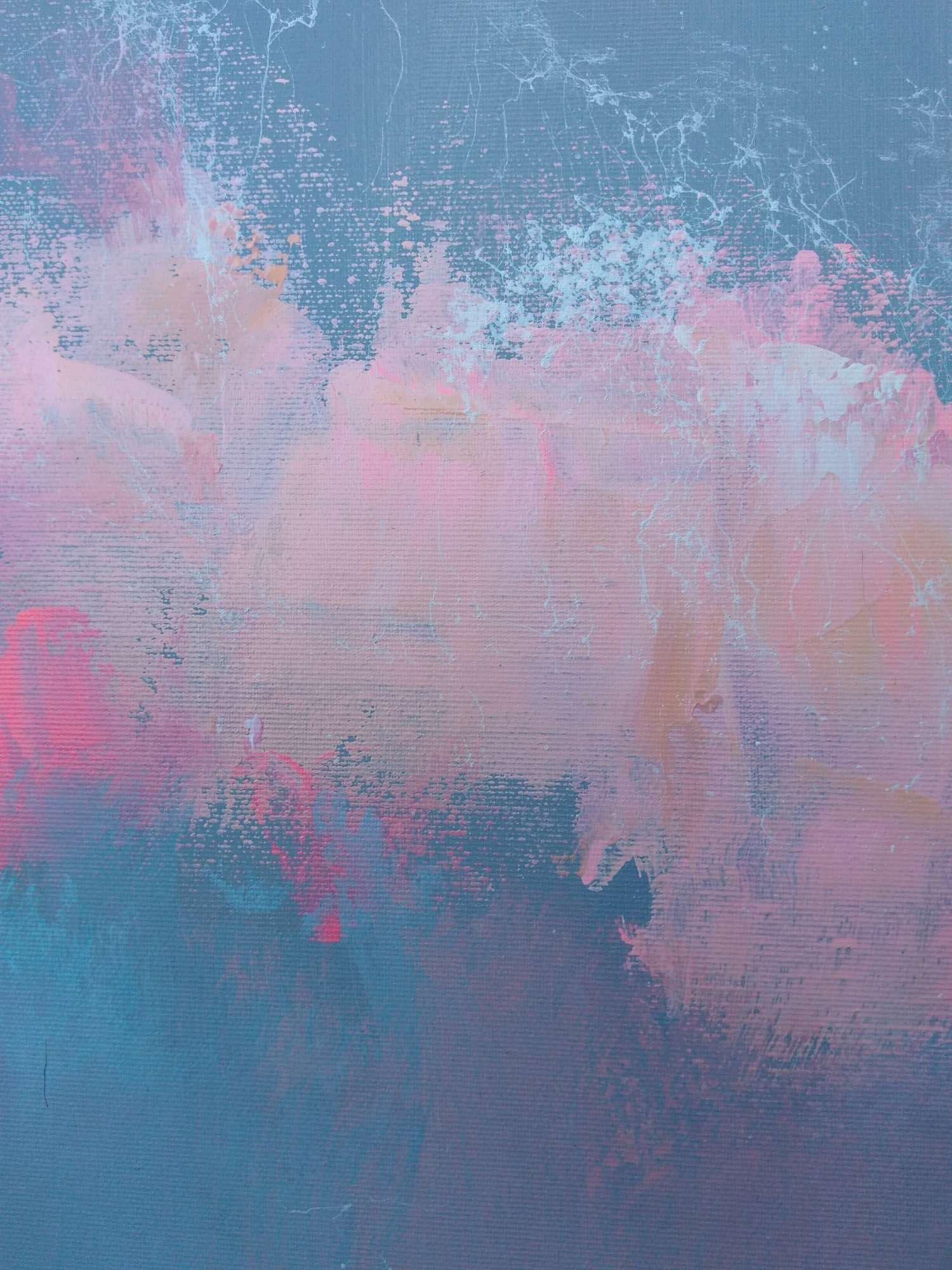 Fresh Perspectives 7, Blue and pink landscape painting - Gray Abstract Painting by Magdalena Morey
