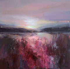 Walking In The Evening Light 2, pink and purple landscape sunset painting