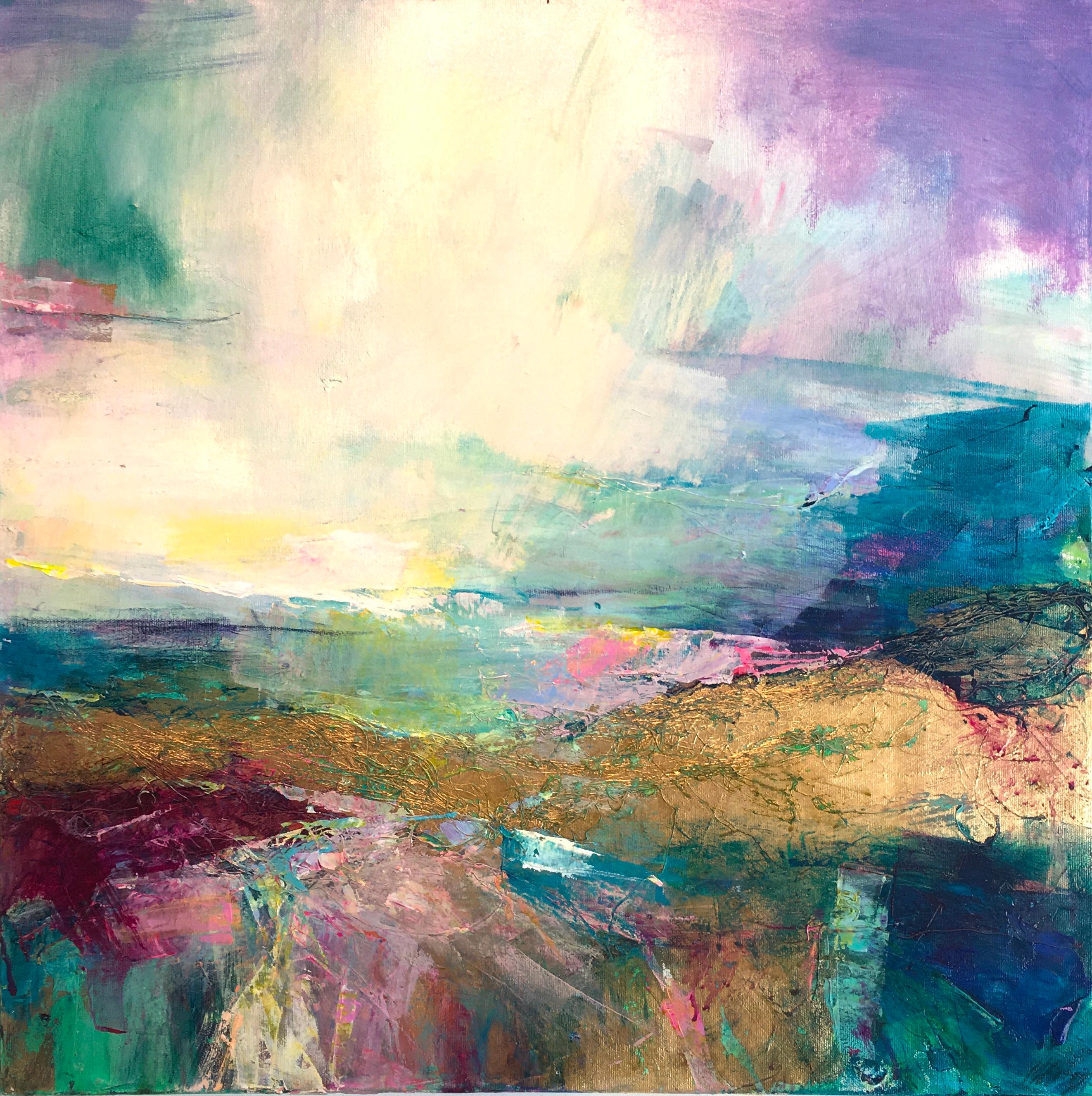 Magdalena Morey Landscape Painting - Coastal Walk II - abstract rural landscape mixed media art modern expressionist
