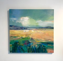 Enjoying the Warm Glow 2 - abstract landscape mixed media painting seascape