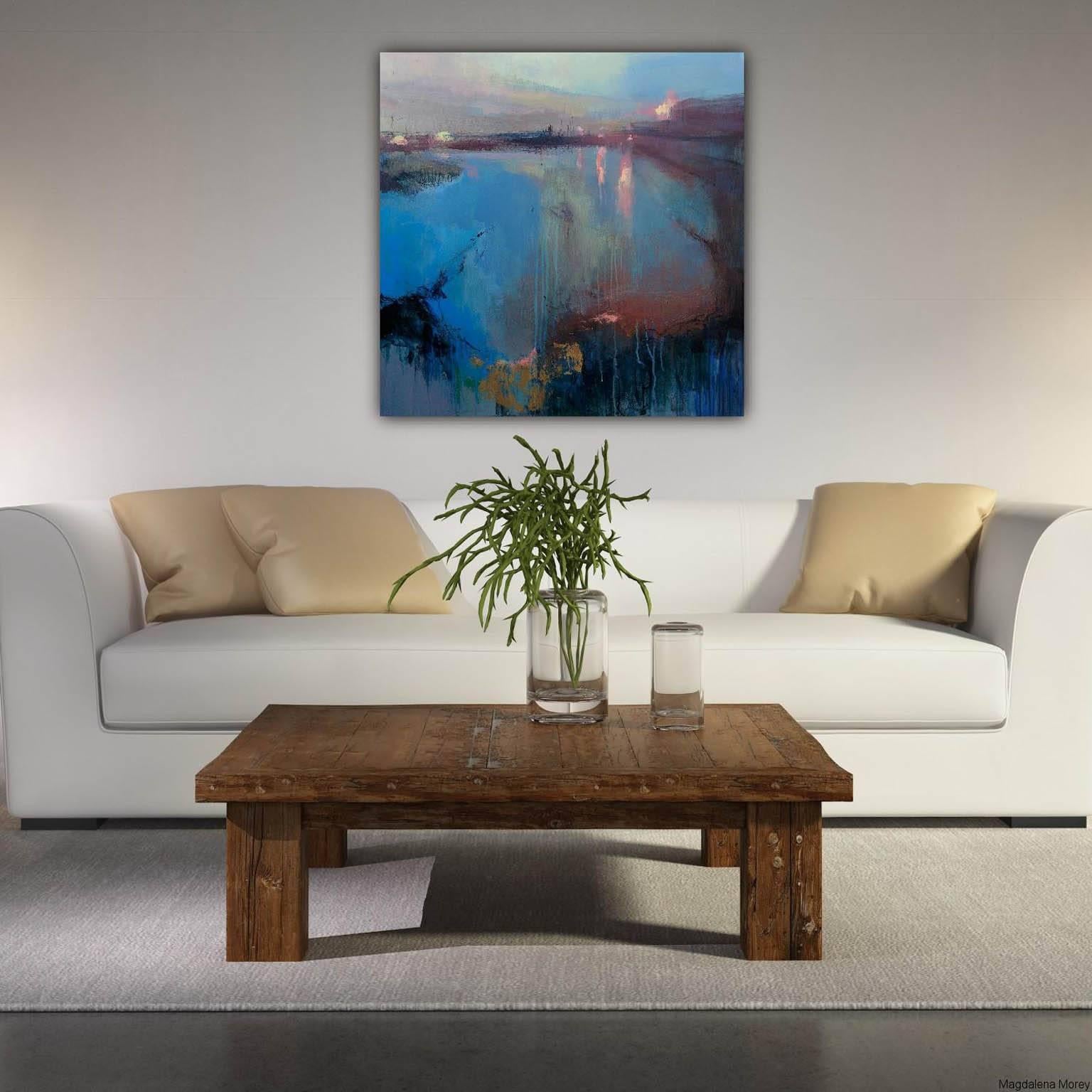 Evening Promenade 4, Original Abstract Art, Contemporary Landscape Painting - Blue Abstract Painting by Magdalena Morey