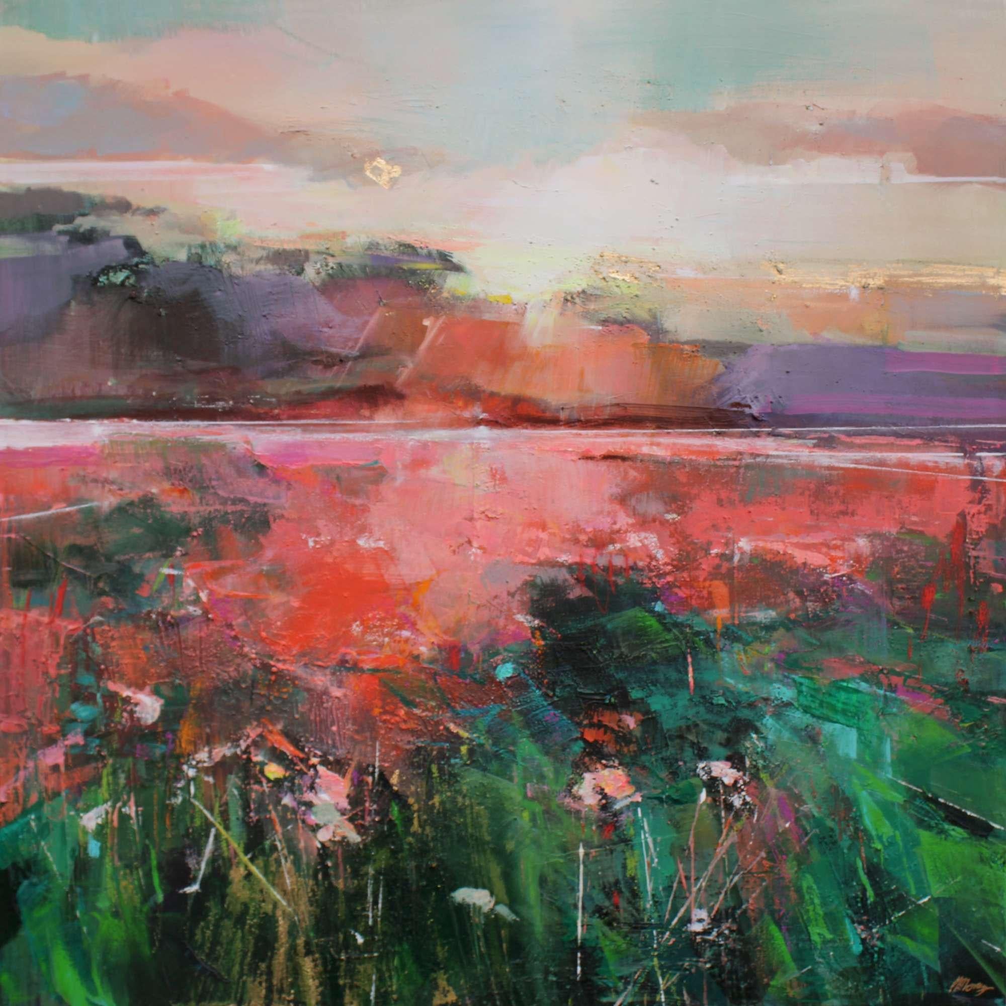 Magdalena Morey Landscape Painting - From the Hilltop-original abstract sunset landscape oil painting- modern Art