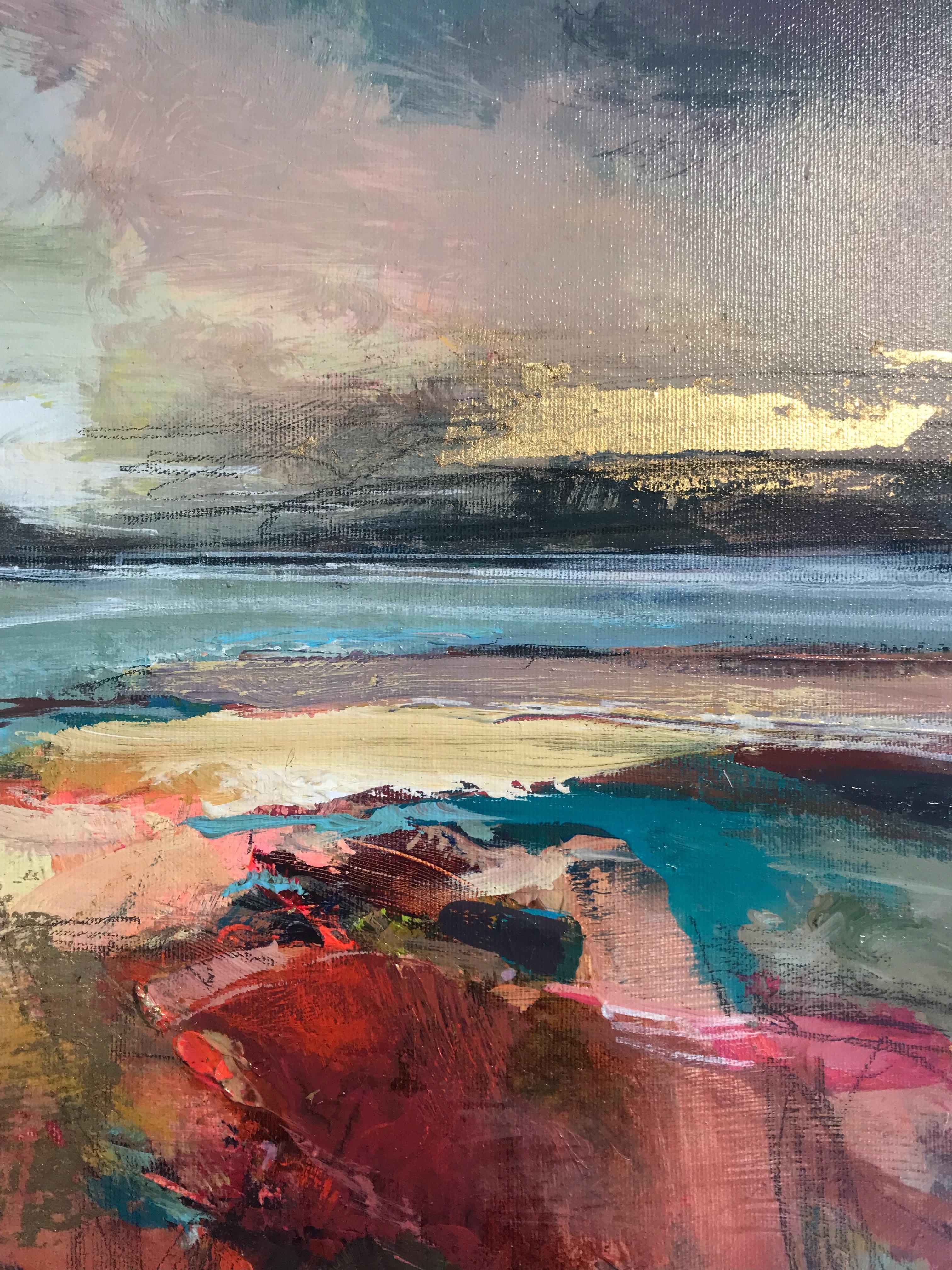 This original landscape painting by Magdalena Morey creates an impression of a natural vista using abstract forms and employing various media, including beguiling gold leaf. Offering a milieu of style and character, the artist applies a palette of