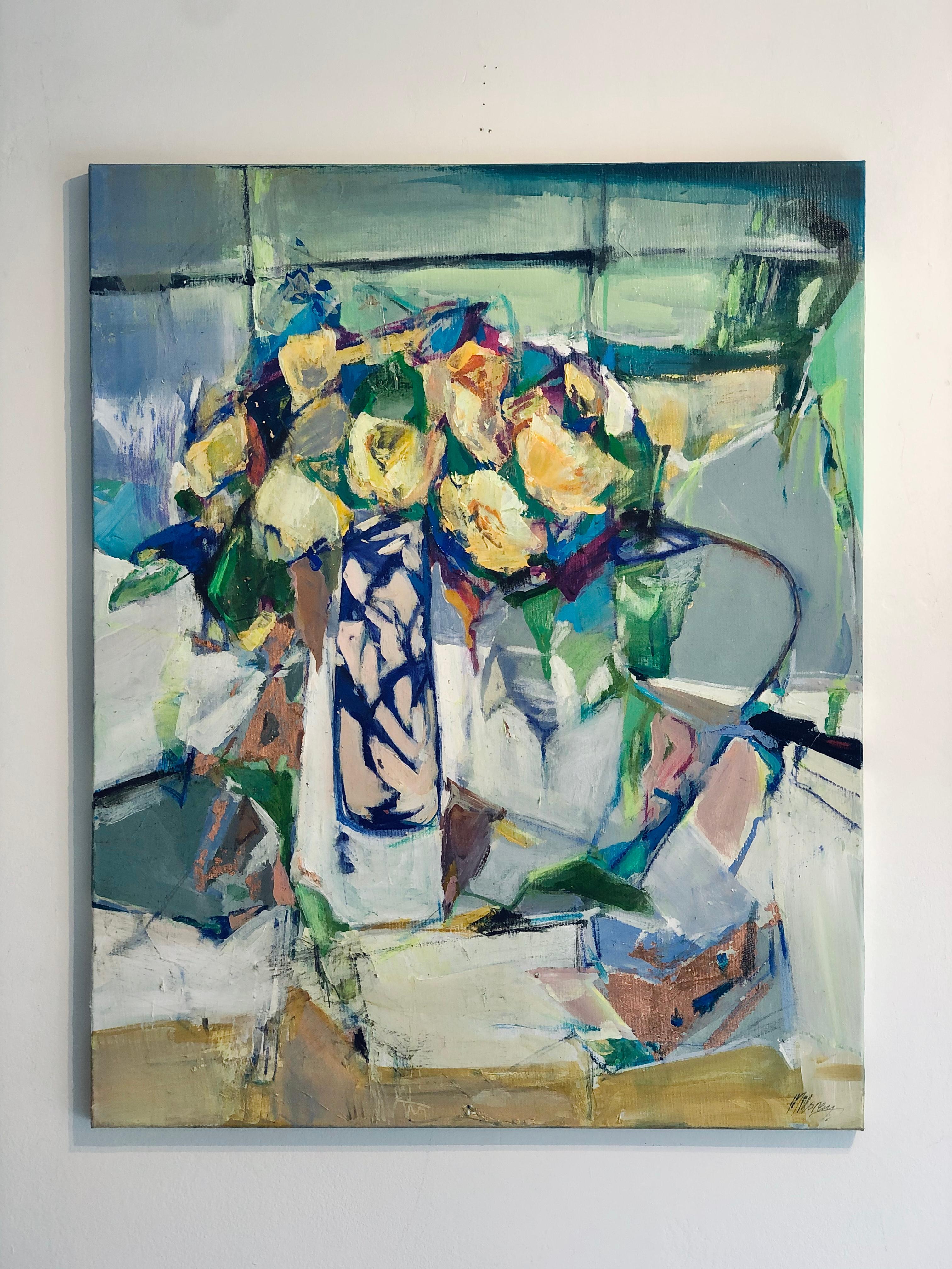 Vase peint à la main-peinture florale abstraite originale-nature morte contemporaine - Painting de Magdalena Morey